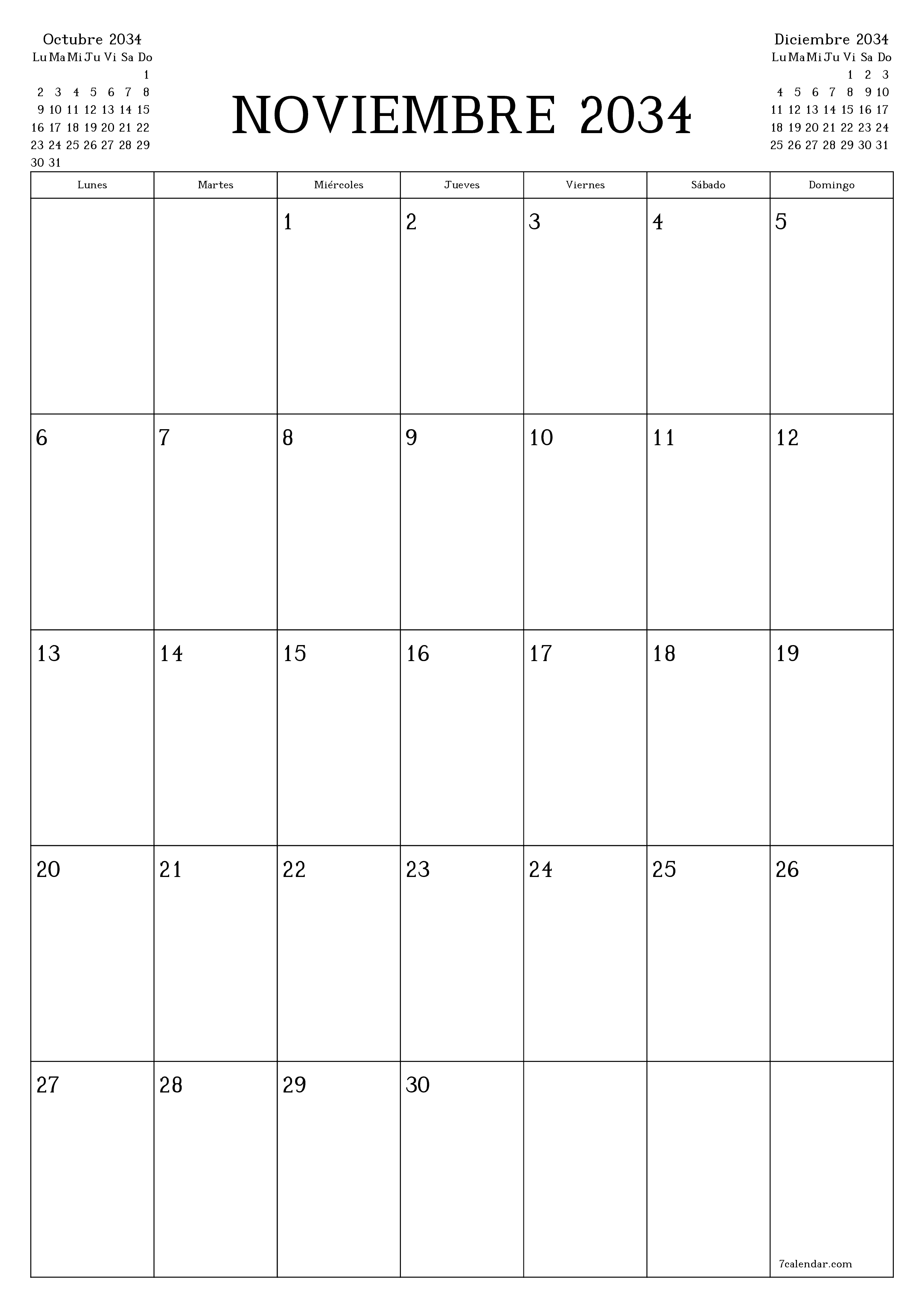  imprimible de pared plantilla de gratisvertical Mensual planificador calendario Noviembre (Nov) 2034