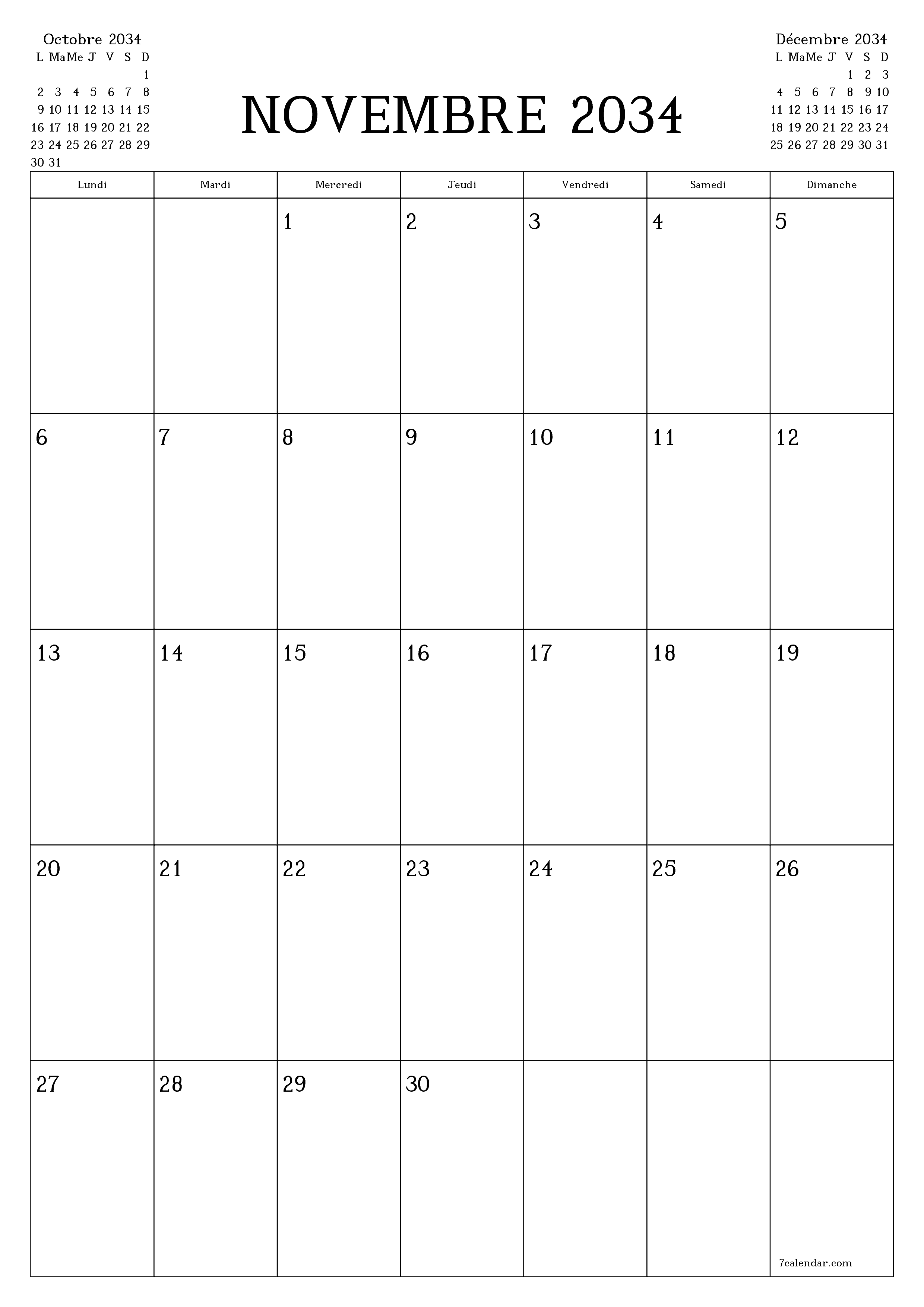  imprimable mural modèle de gratuitverticale Mensuel planificateur calendrier Novembre (Nov) 2034