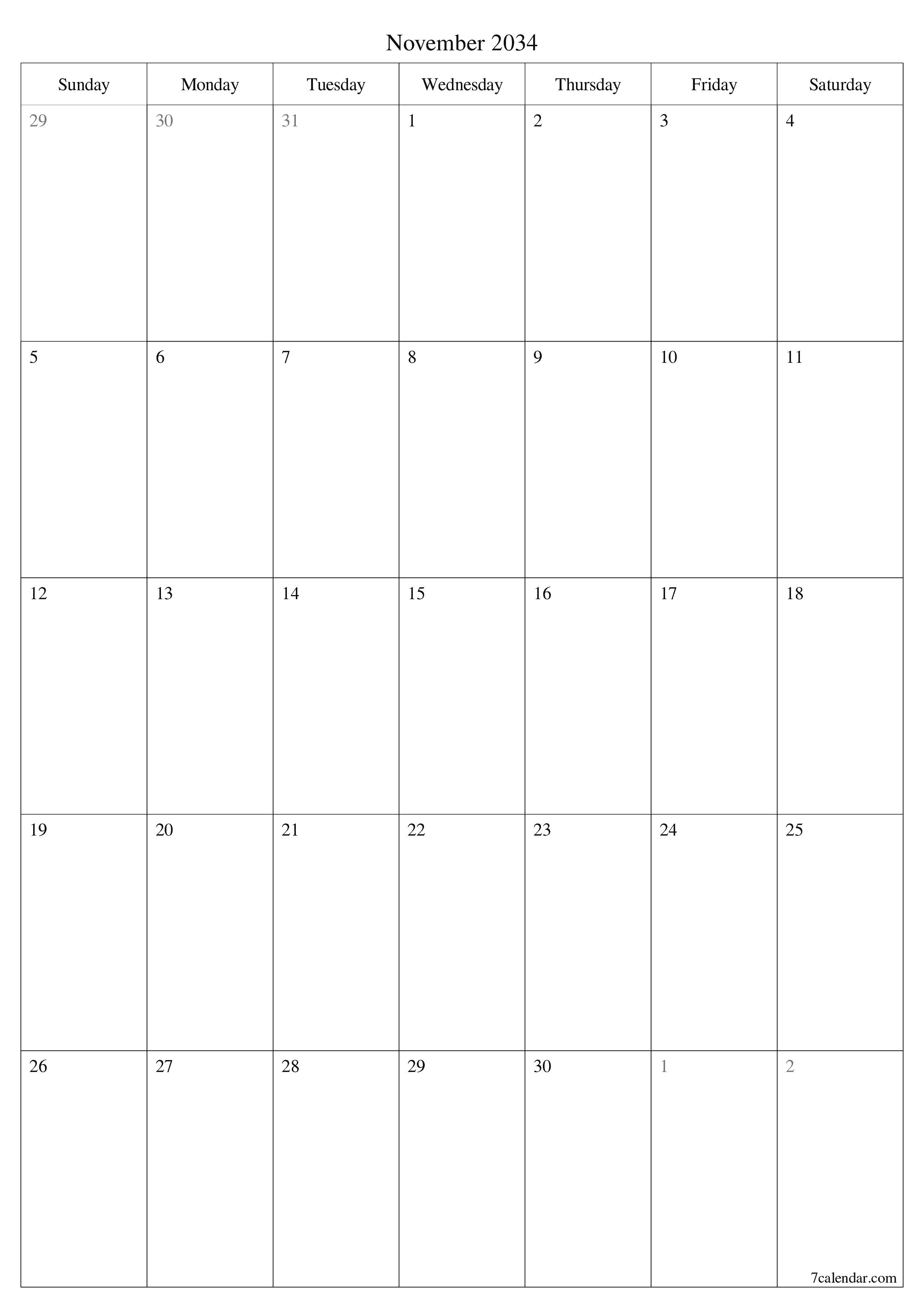 Blank calendar November 2034