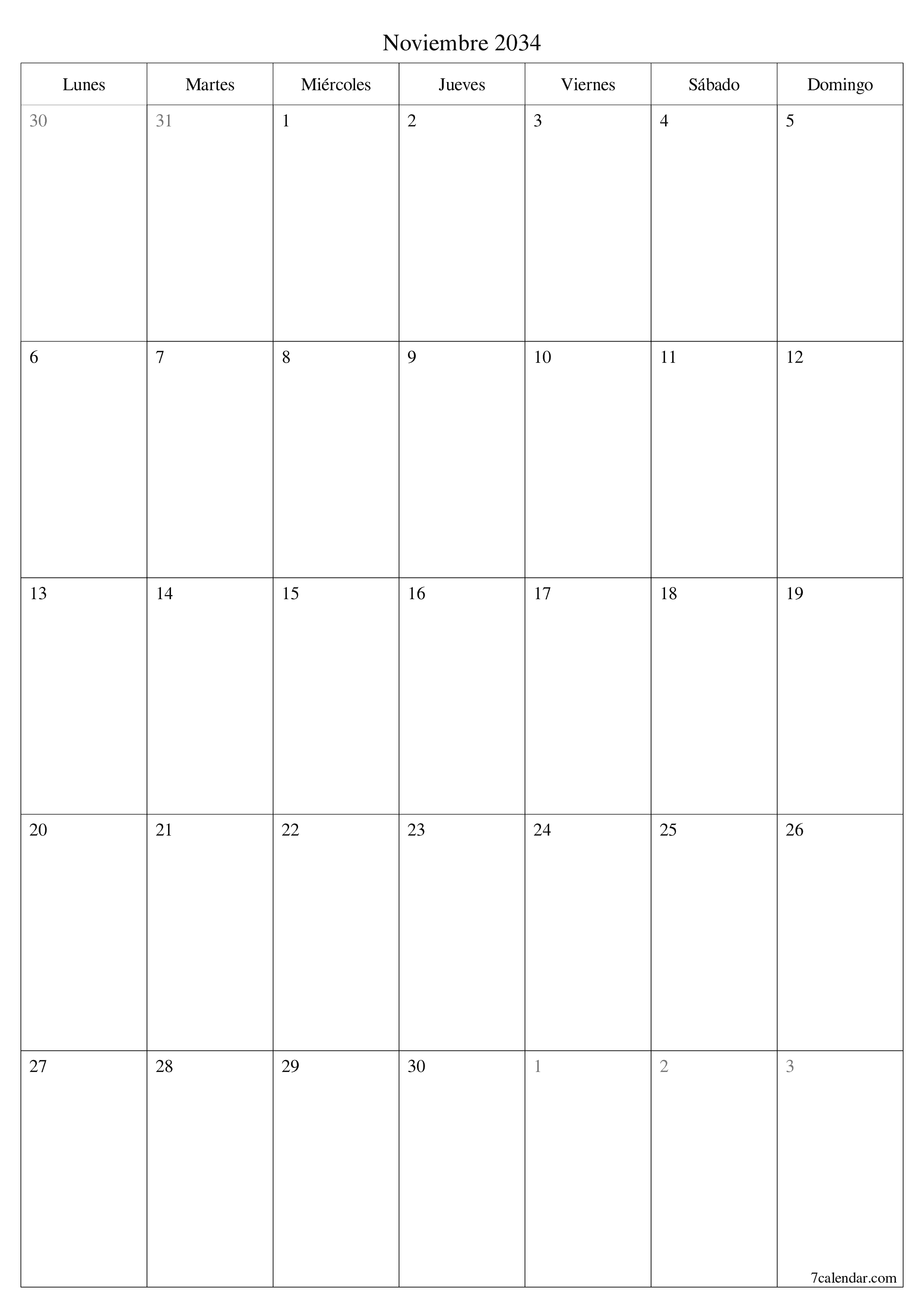  imprimible de pared plantilla de gratisvertical Mensual planificador calendario Noviembre (Nov) 2034