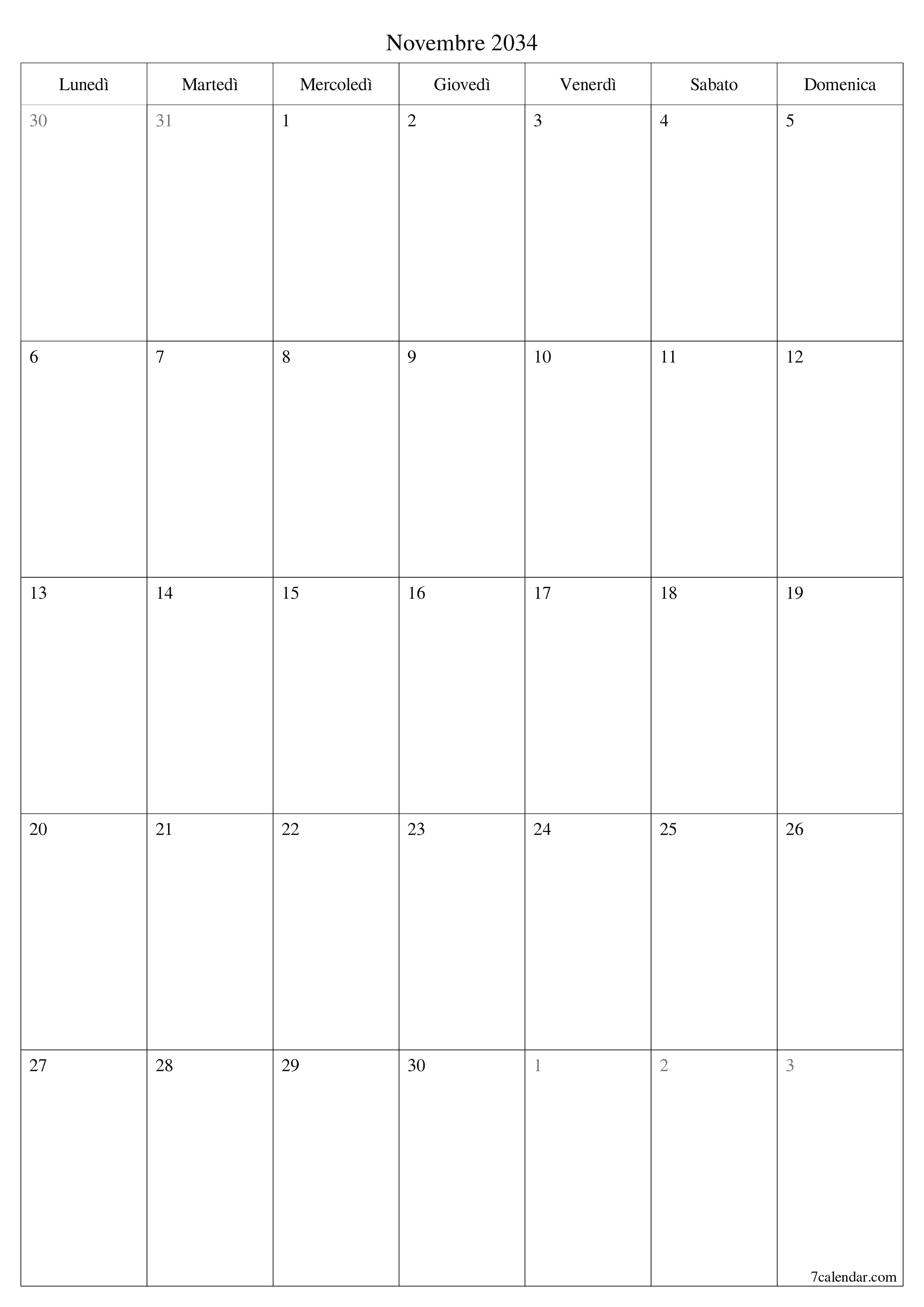  stampabile da parete modello di gratuitoverticale Mensile pianificatore calendario Novembre (Nov) 2034