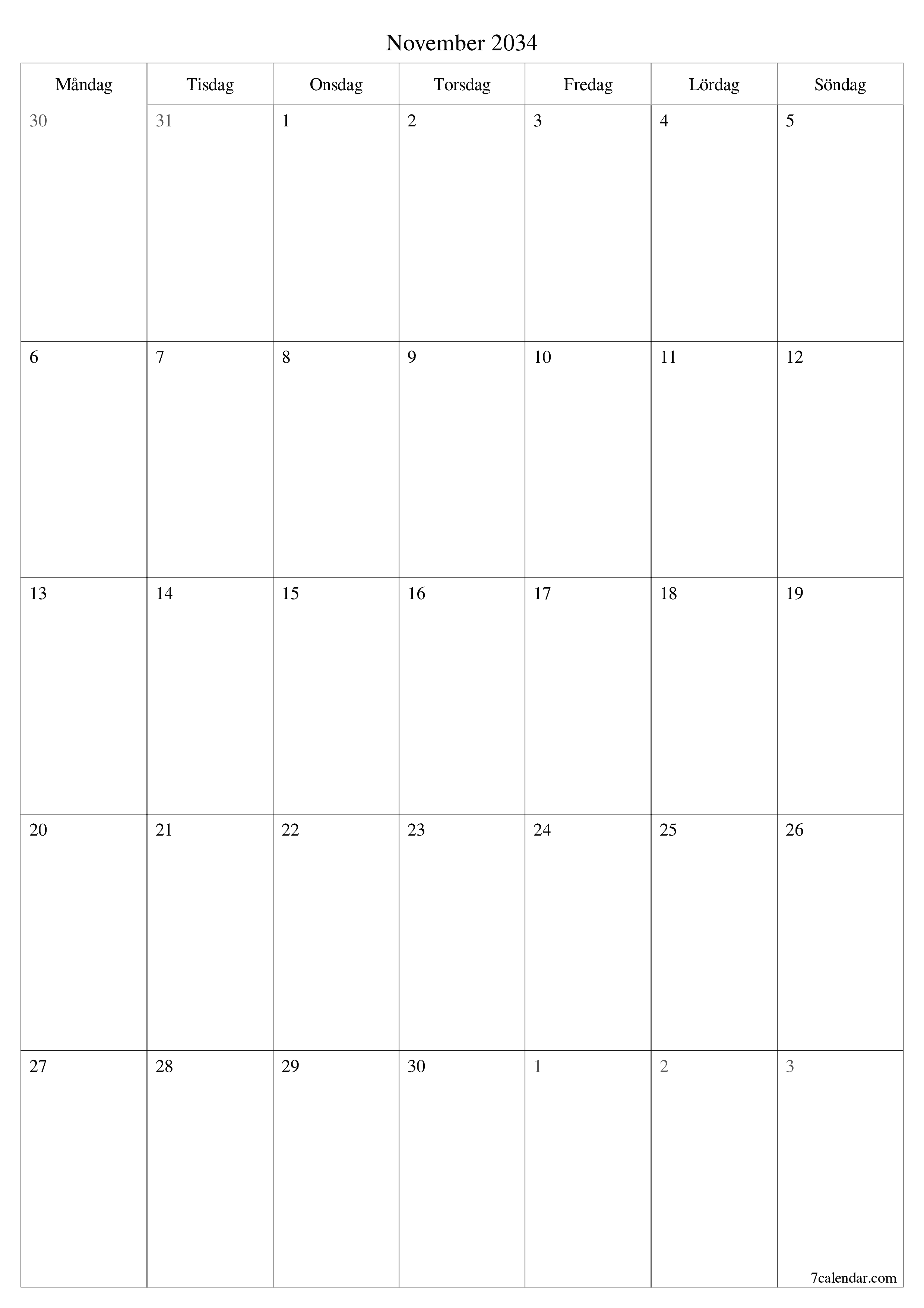 utskrivbar vägg mall gratis vertikal Månatlig planerare kalender November (Nov) 2034
