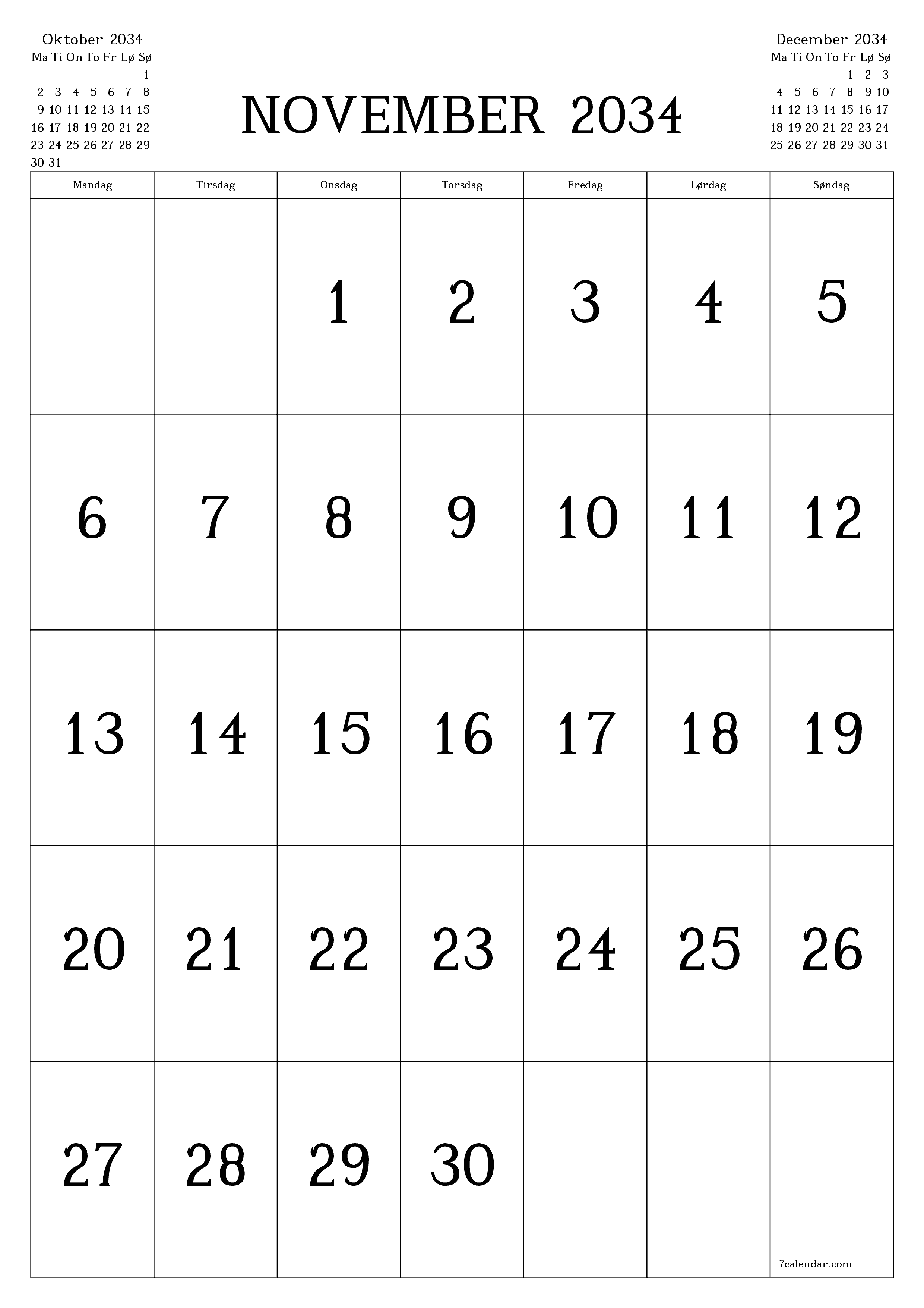Tom månedlig planlægning for måned November 2034 med noter, gem og udskriv til PDF PNG Danish