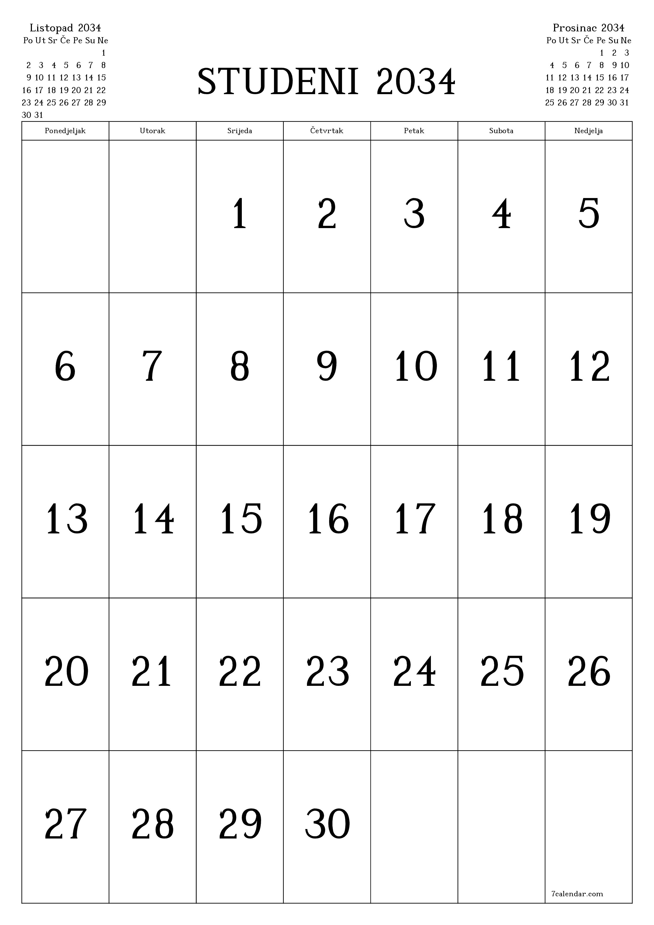  za ispis zidni predložak a besplatni okomito Mjesečni kalendar Studeni (Stu) 2034