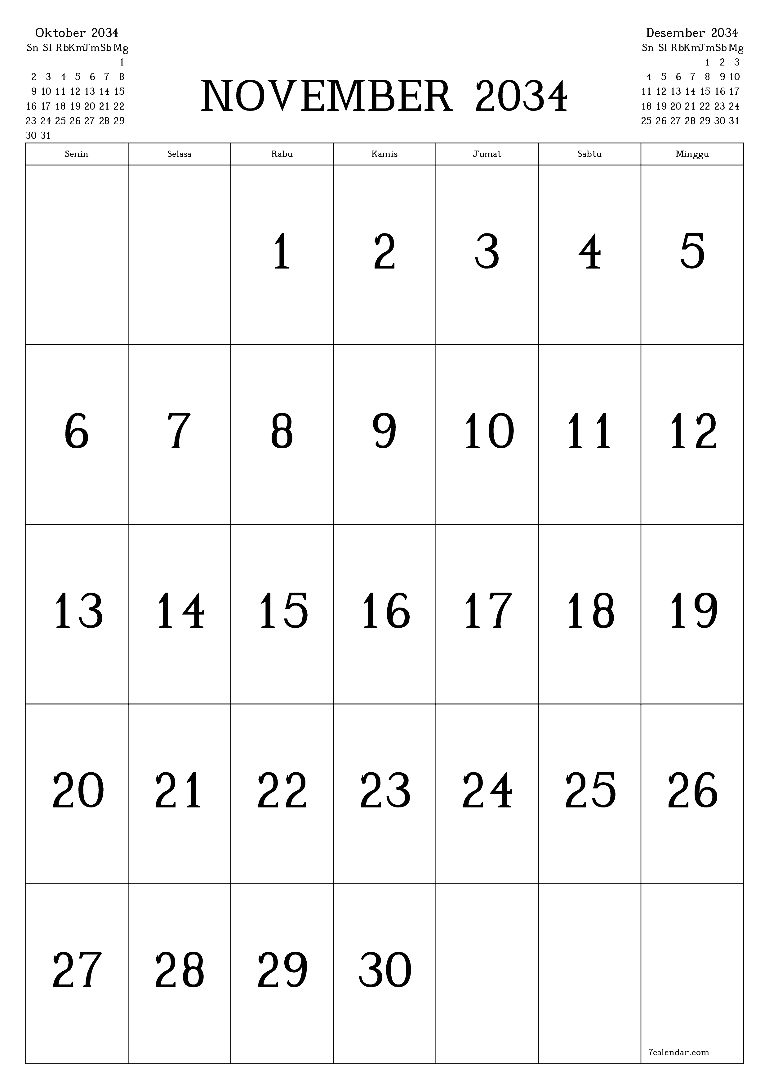  yang dapat dicetak dinding templat gratisvertikal Bulanan kalender November (Nov) 2034