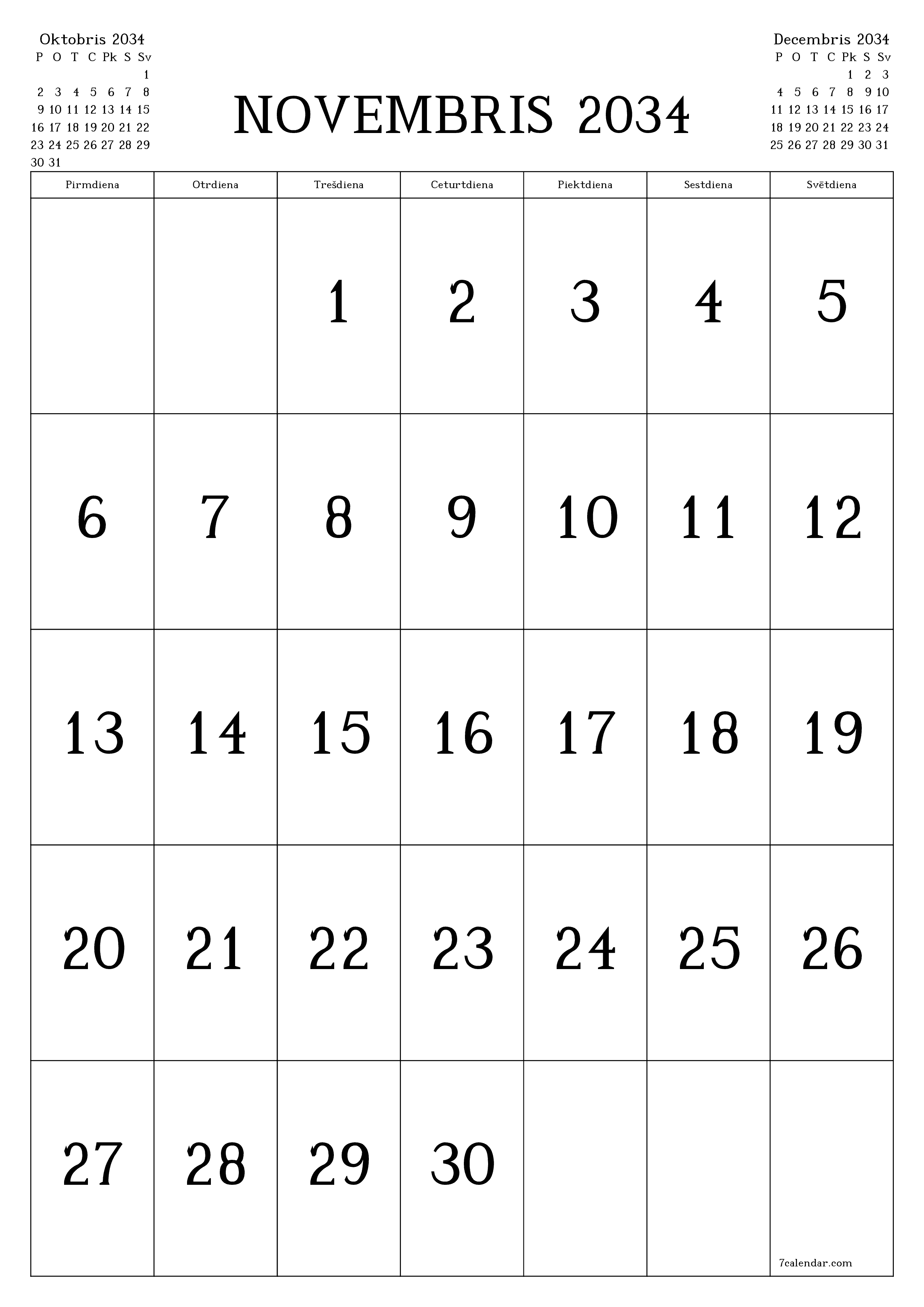 izdrukājams sienas kalendāra veidne bezmaksas vertikāli Mēneša kalendārs Novembris (Nov) 2034