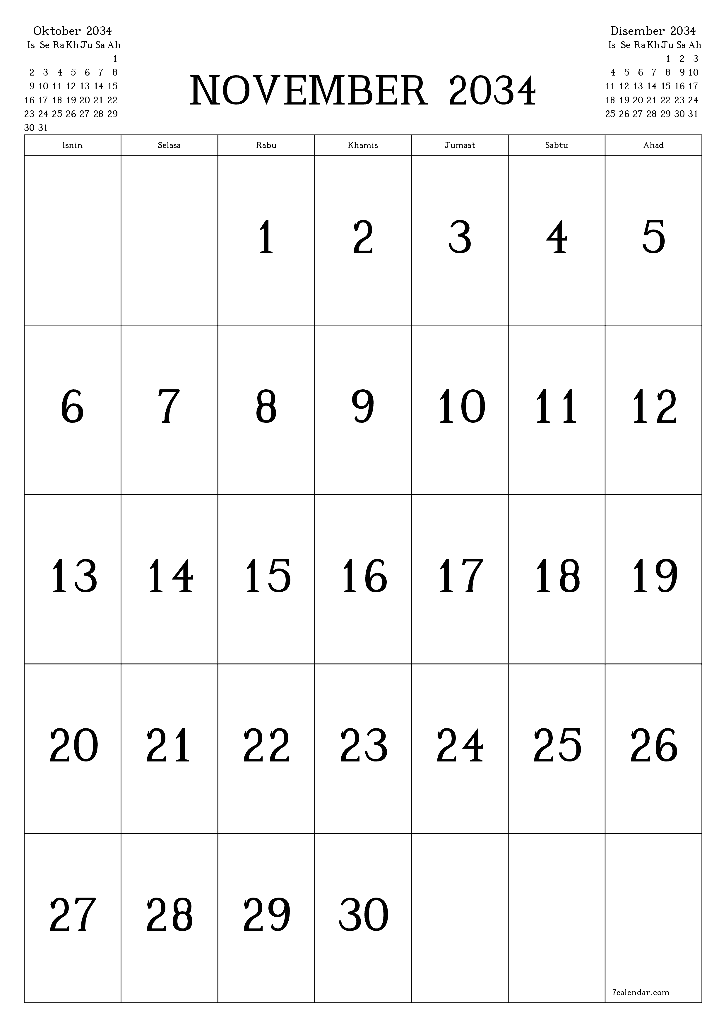  boleh cetak dinding templat percumamenegak Bulanan kalendar November (Nov) 2034