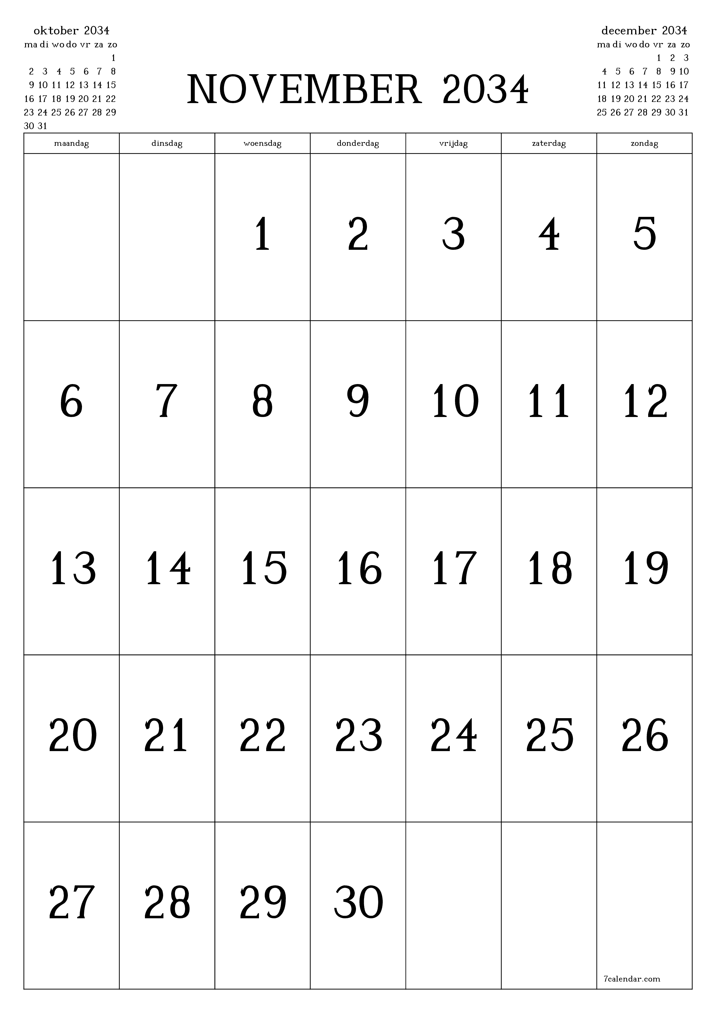 afdrukbare muur sjabloon gratis verticaal Maandelijks kalender november (nov) 2034