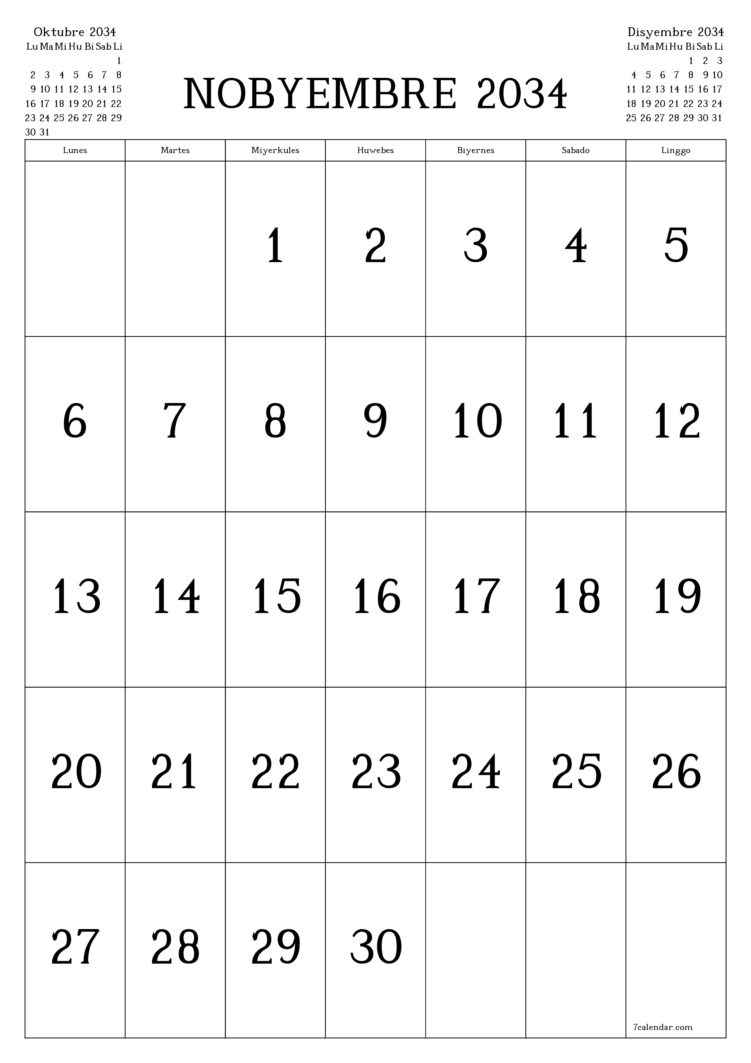napi-print na sa dingding template ng libreng patayo Buwanang kalendaryo Nobyembre (Nob) 2034