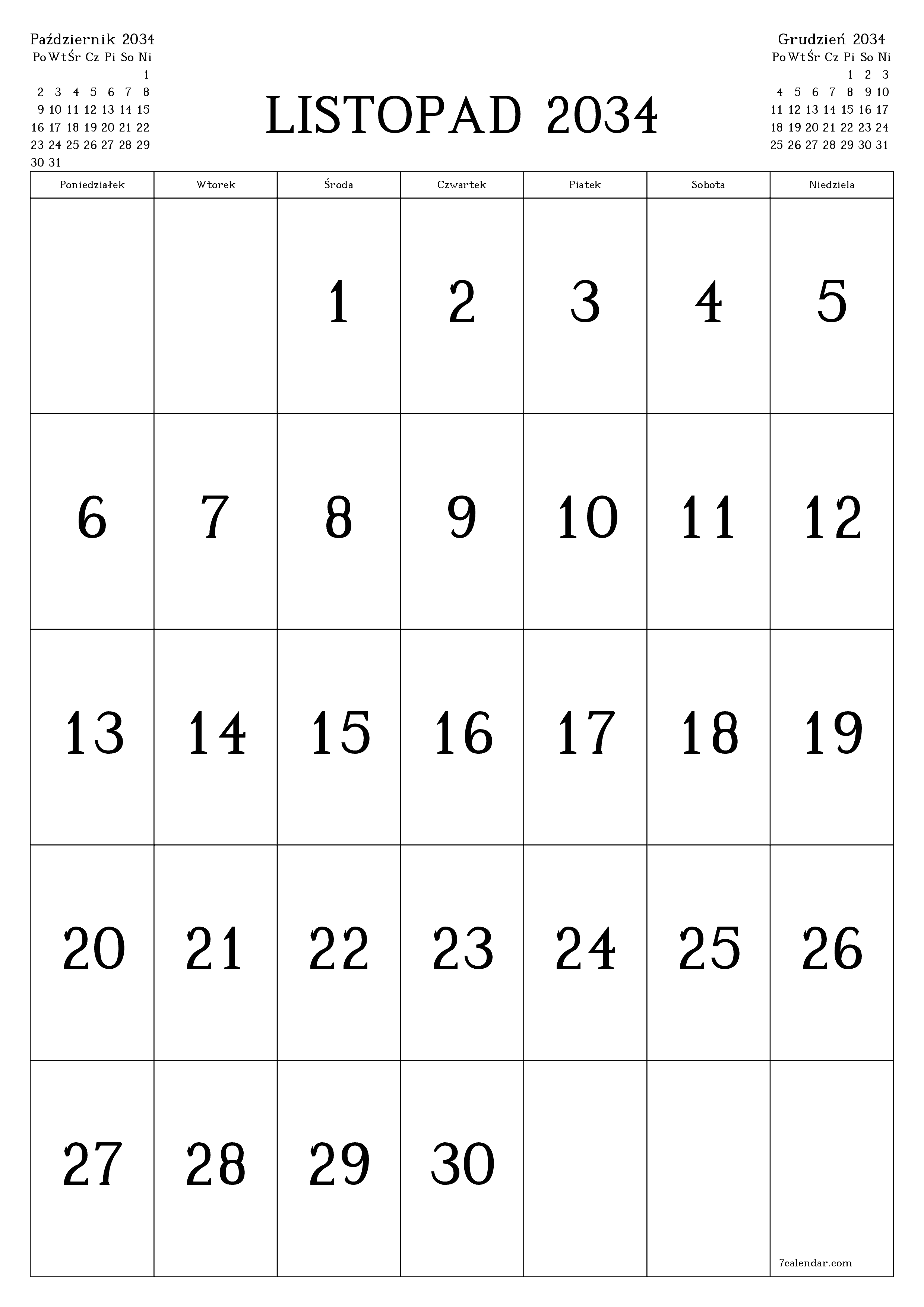  do druku ścienny szablon a darmowy pionowy Miesięczny kalendarz Listopad (Lis) 2034