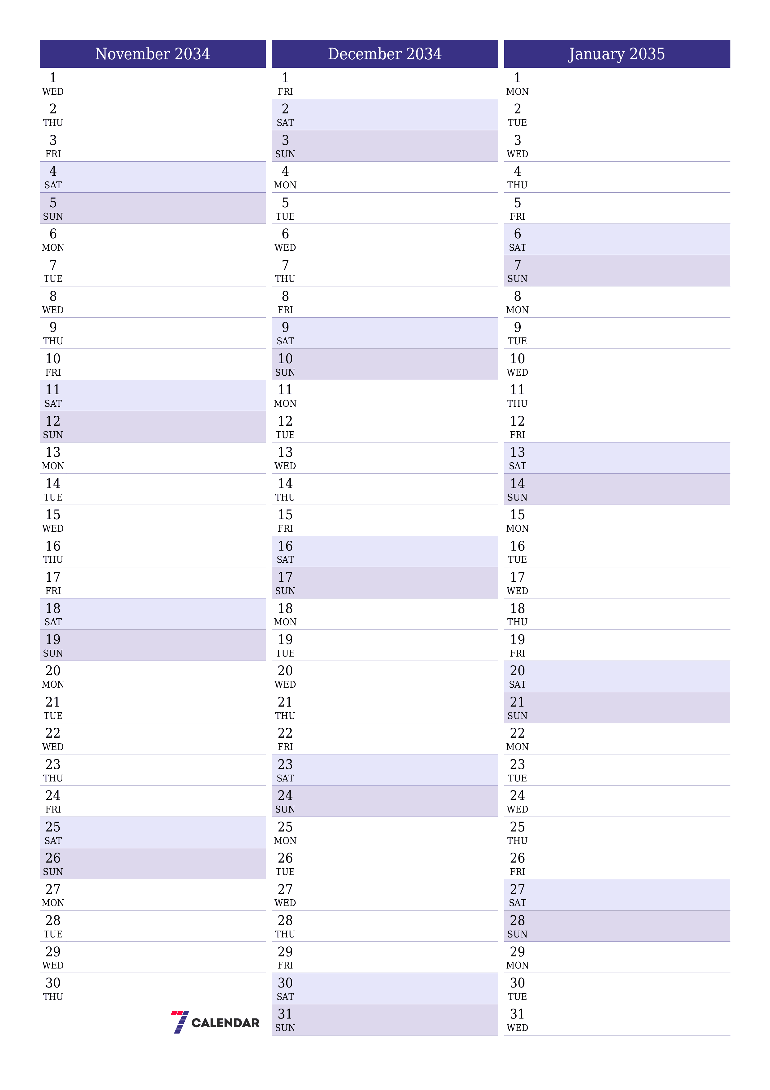 Blank calendar November 2034