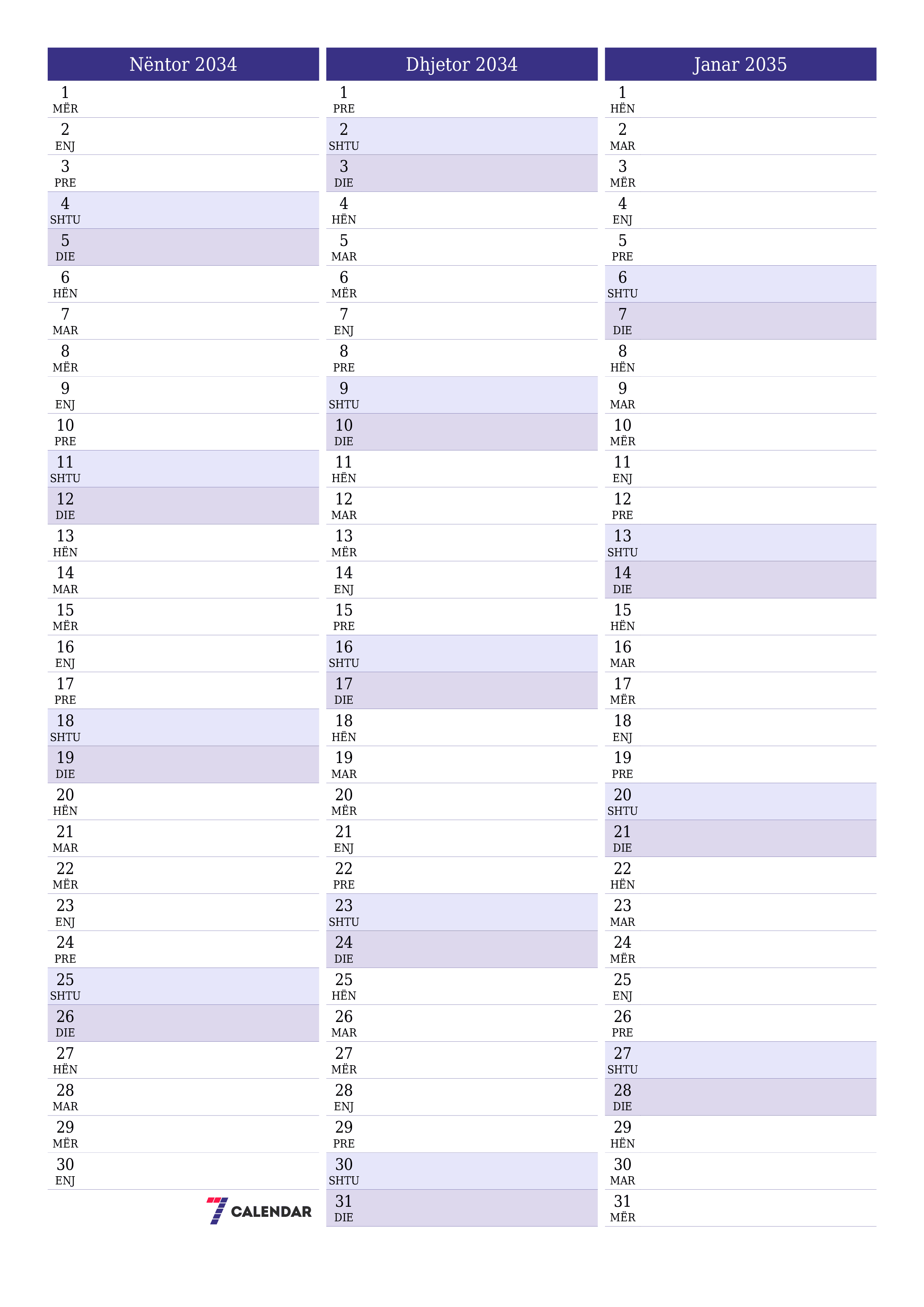 Planifikuesi i zbrazët i kalendarit mujor për muajin Nëntor 2034 me shënime të ruajtura dhe të printuara në PDF PNG Albanian