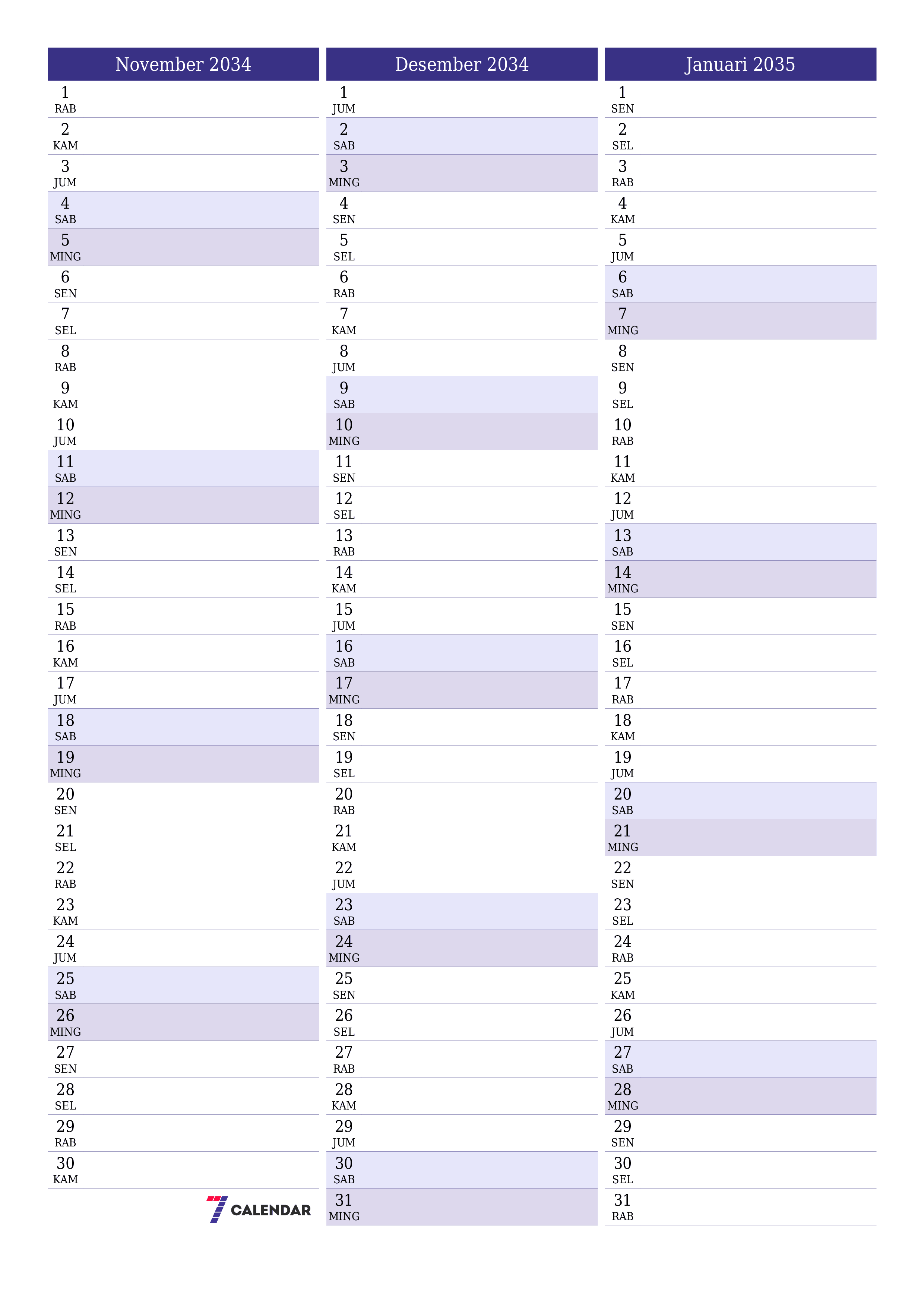  yang dapat dicetak dinding templat gratisvertikal Bulanan perencana kalender November (Nov) 2034