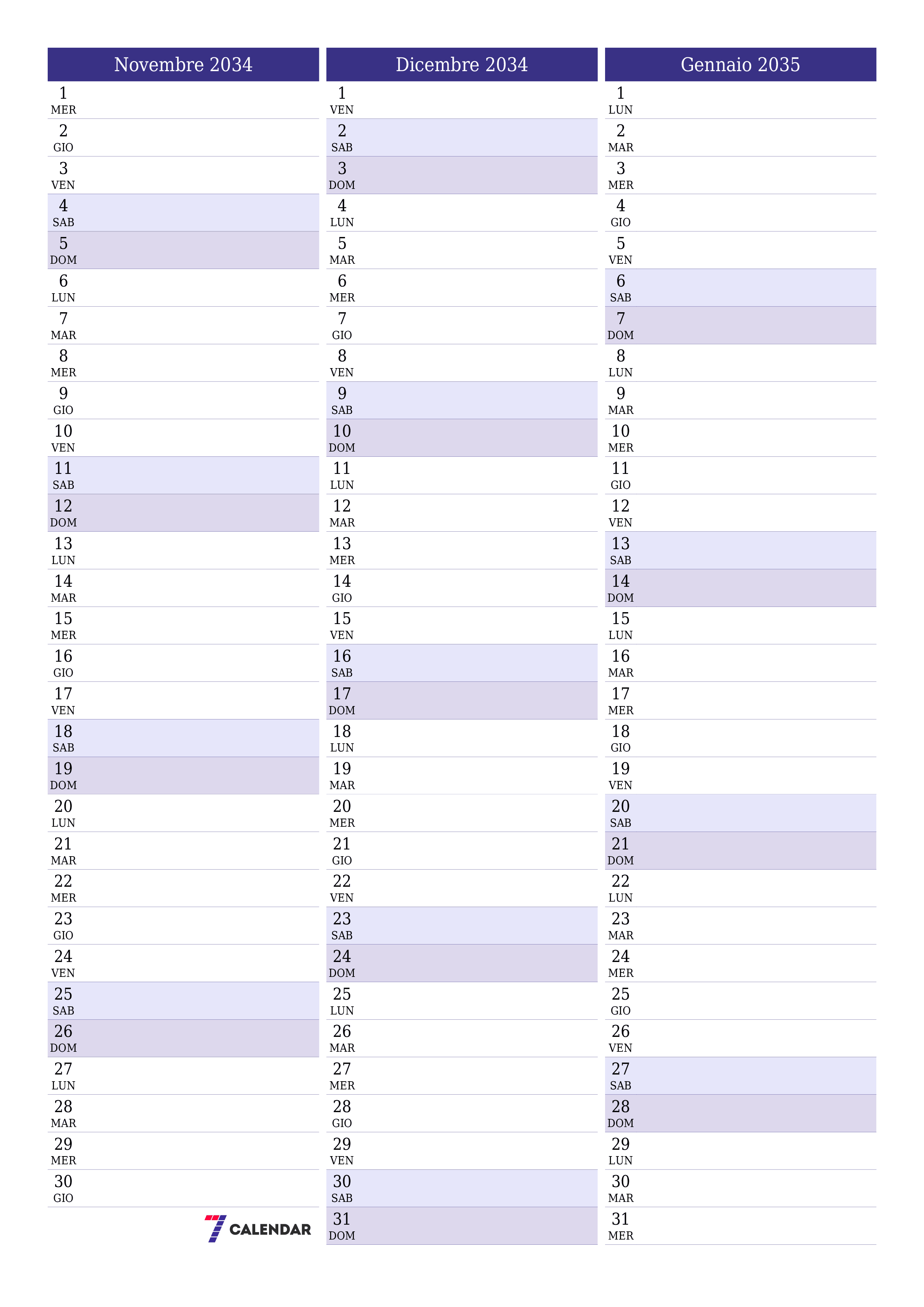  stampabile da parete modello di gratuitoverticale Mensile pianificatore calendario Novembre (Nov) 2034