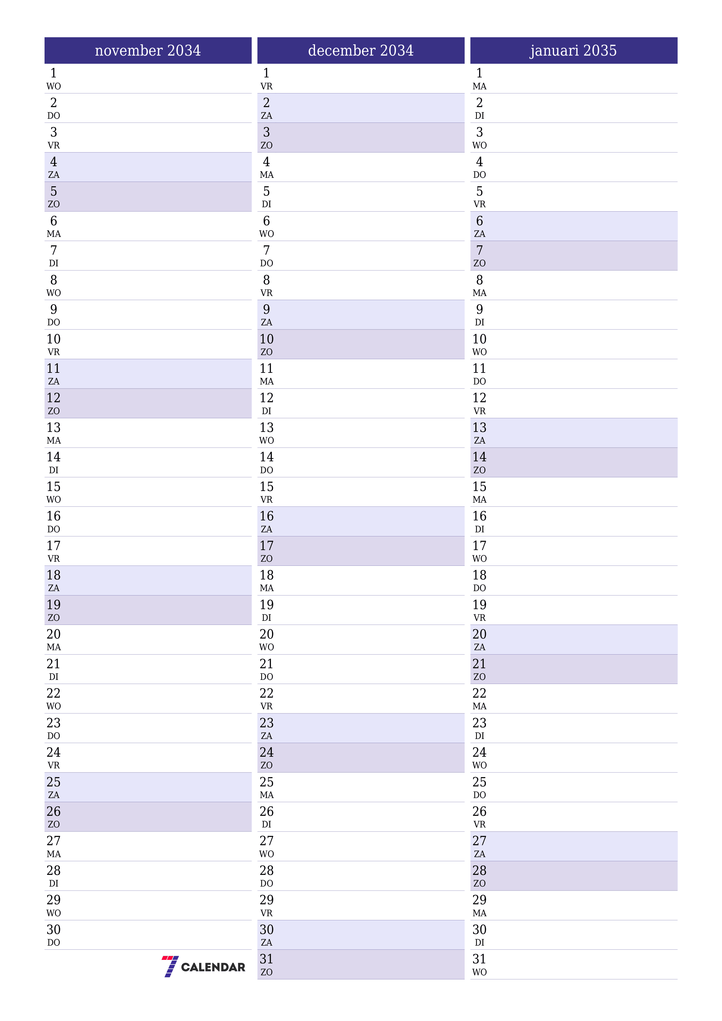 afdrukbare muur sjabloon gratis verticaal Maandelijks planner kalender november (nov) 2034