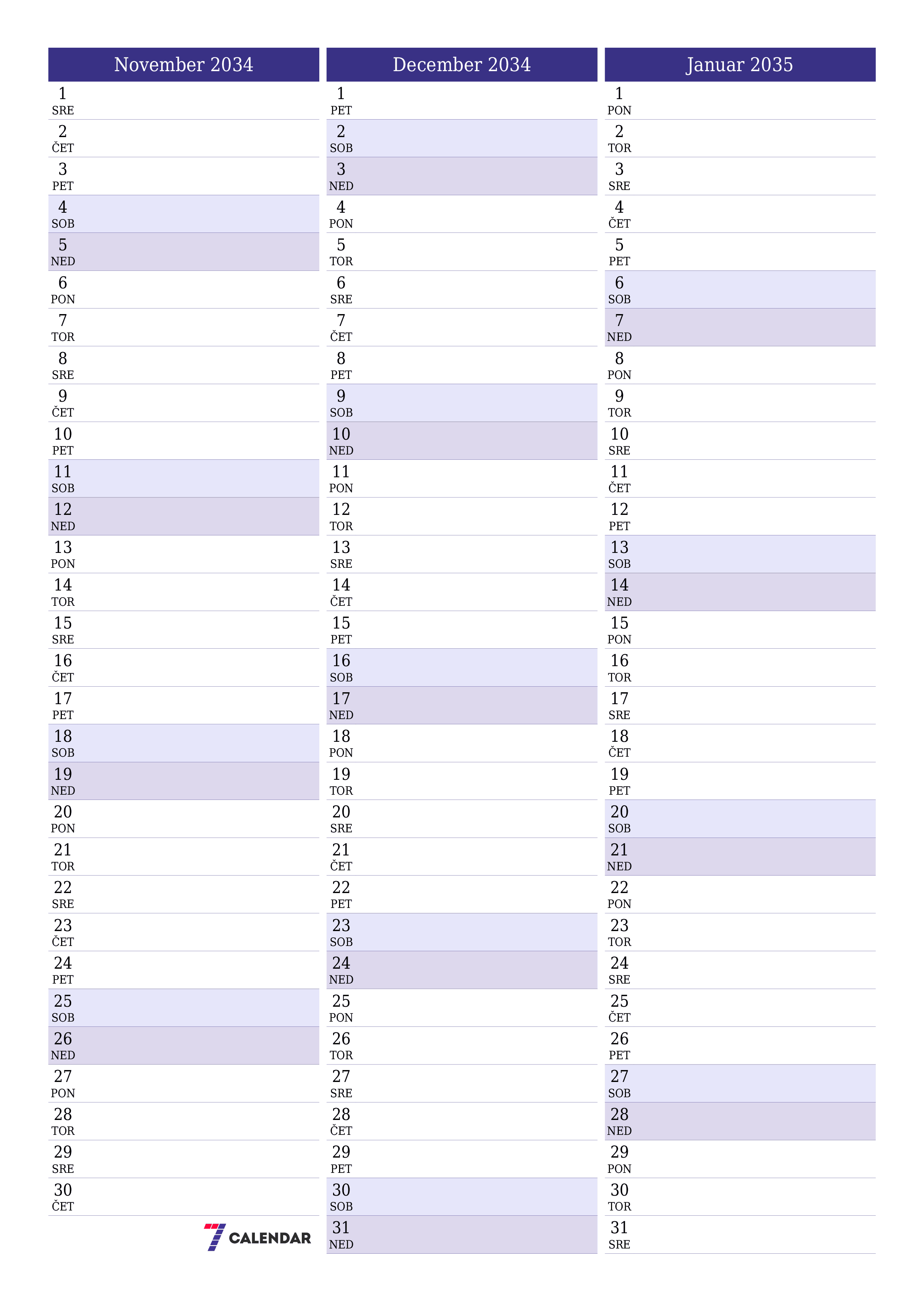 Prazen mesečni načrtovalec koledarja za mesec November 2034 z opombami, natisnjenimi v PDF PNG Slovenian