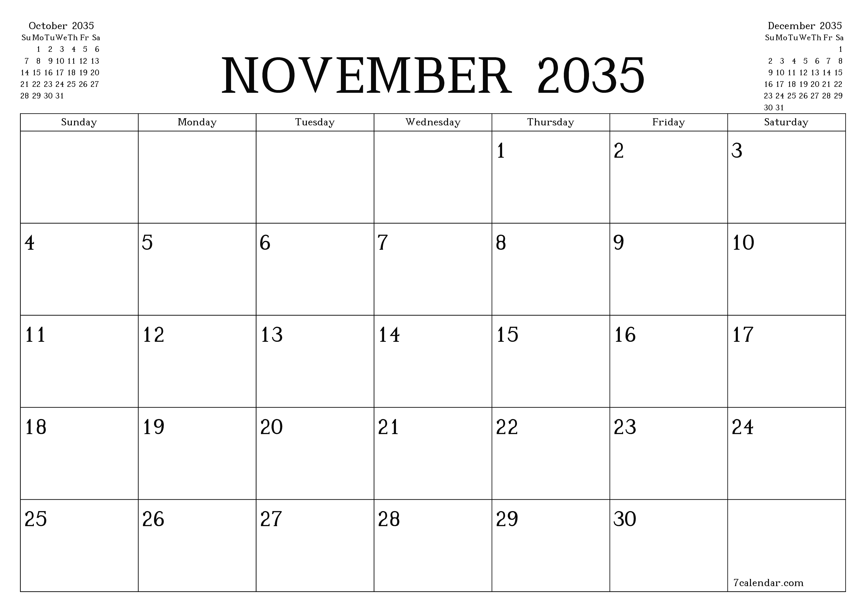 Blank calendar November 2035