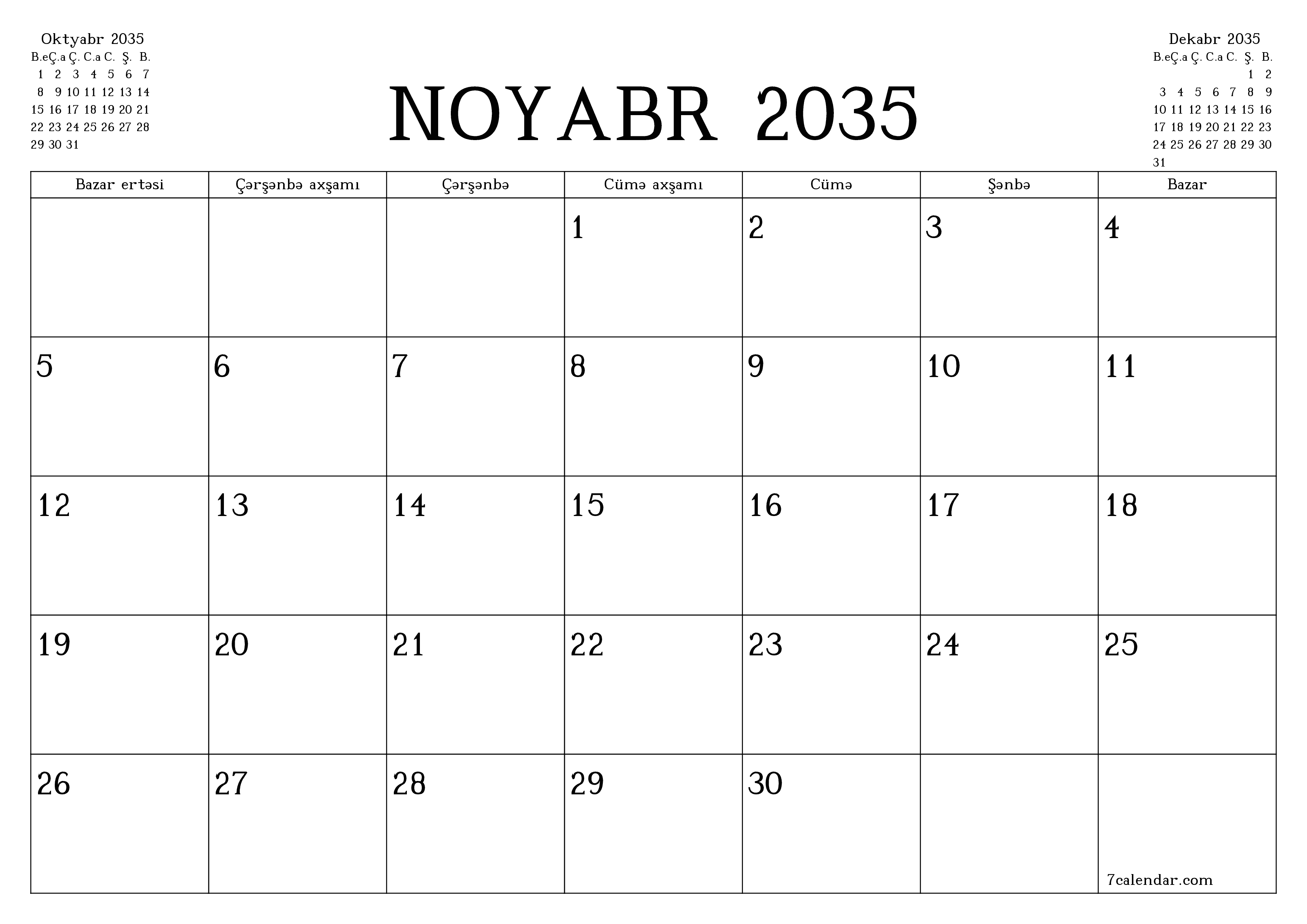 Noyabr 2035 ayı üçün qeydlər ilə boş aylıq planlayıcı, qeyd edin və PDF-ə yazdırın PNG Azerbaijani