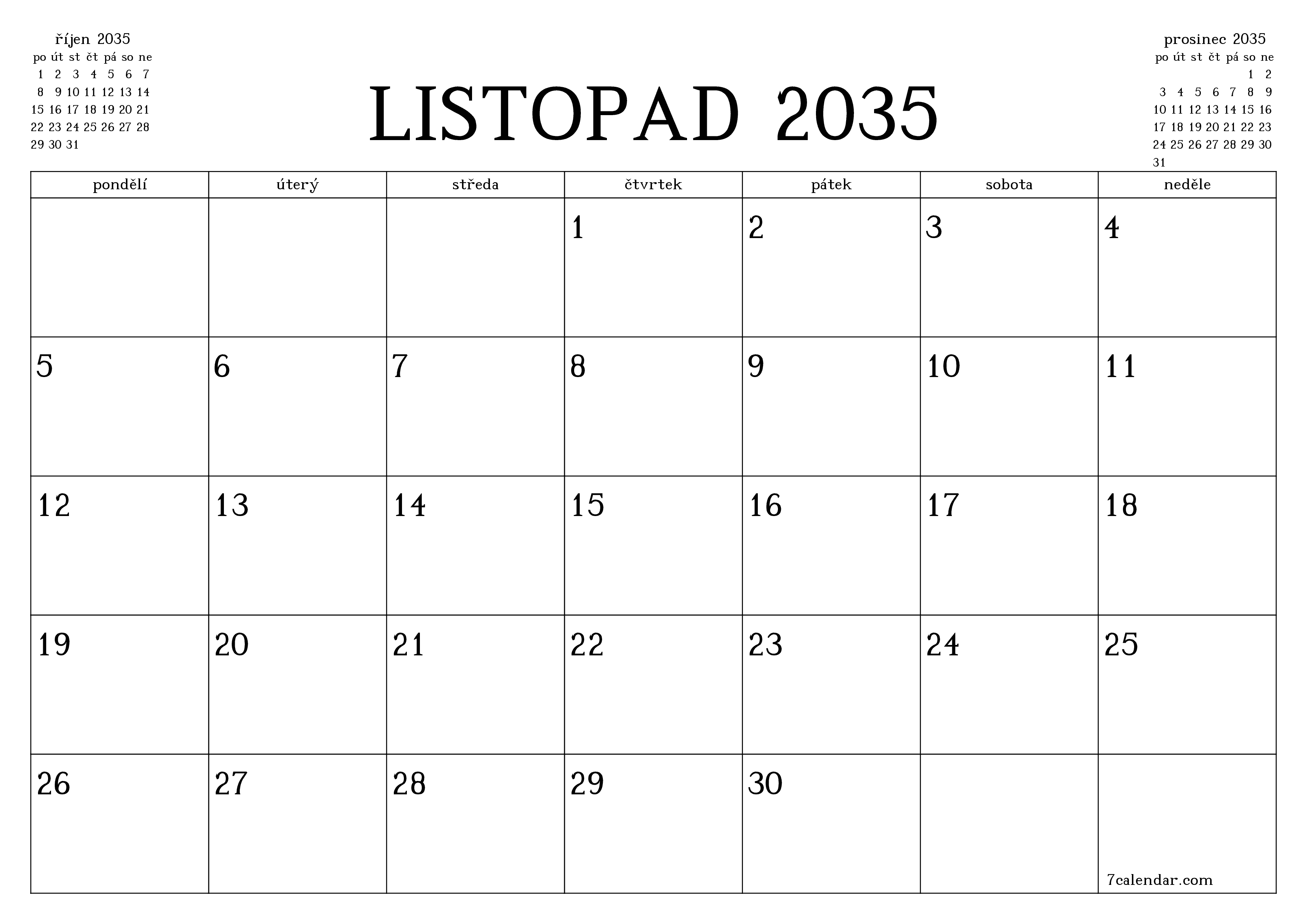 Vyprázdnit měsíční plánovač na měsíc listopad 2035 s poznámkami, uložit a vytisknout do PDF PNG Czech