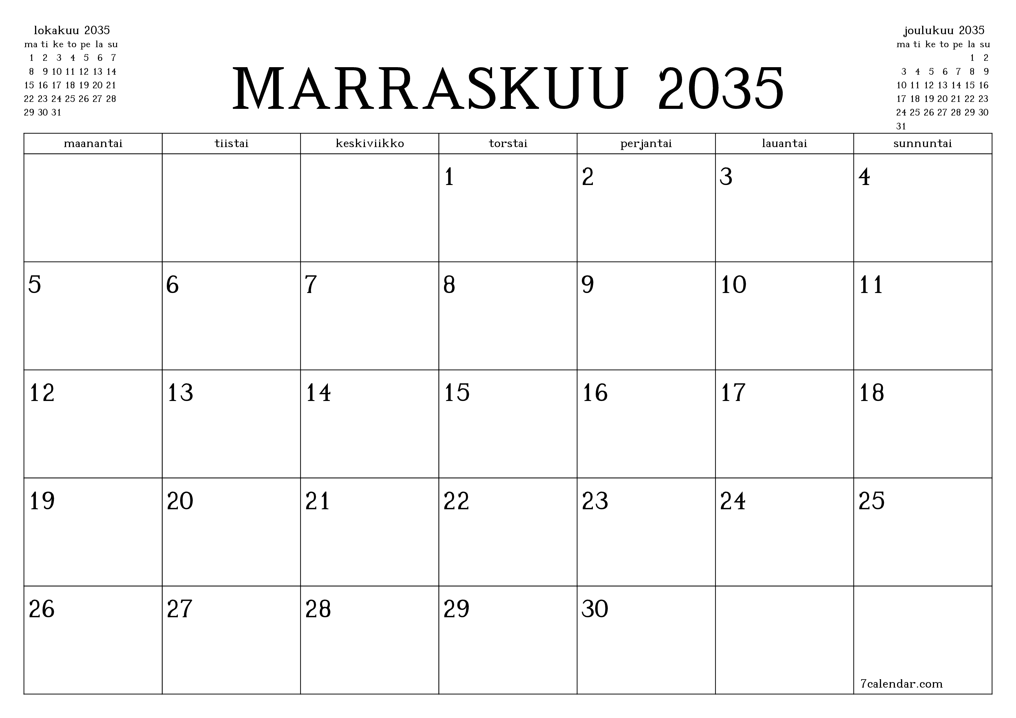 Tyhjennä kuukausittainen suunnittelija kuukaudelle Marraskuu 2035 muistiinpanoilla, tallenna ja tulosta PDF-muotoon PNG Finnish