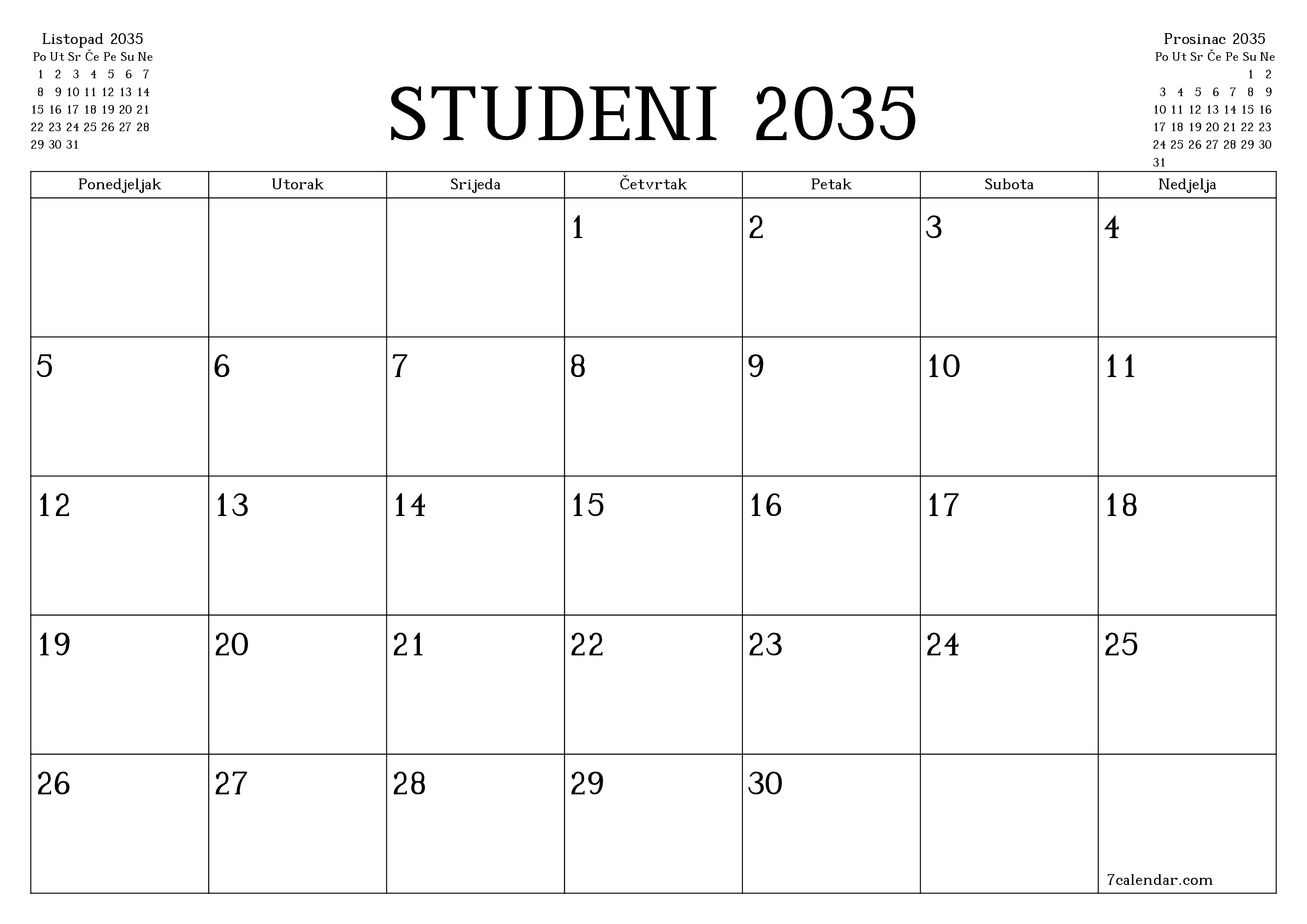 Ispraznite mjesečni planer za mjesec Studeni 2035 s bilješkama, spremite i ispišite u PDF PNG Croatian