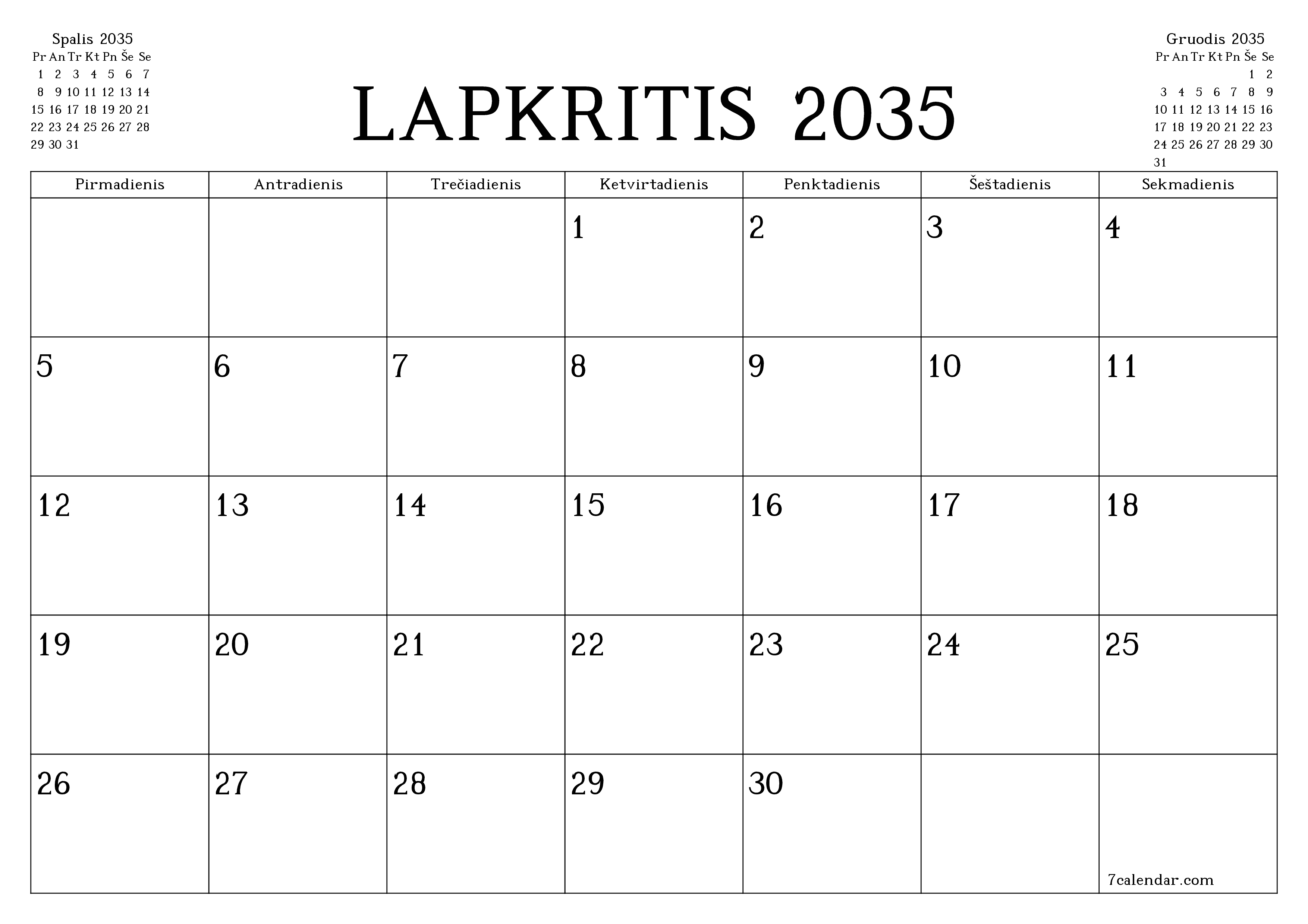 Ištuštinti mėnesio Lapkritis 2035 mėnesio planavimo priemonę su užrašais, išsaugoti ir atsispausdinti PDF formate PNG Lithuanian