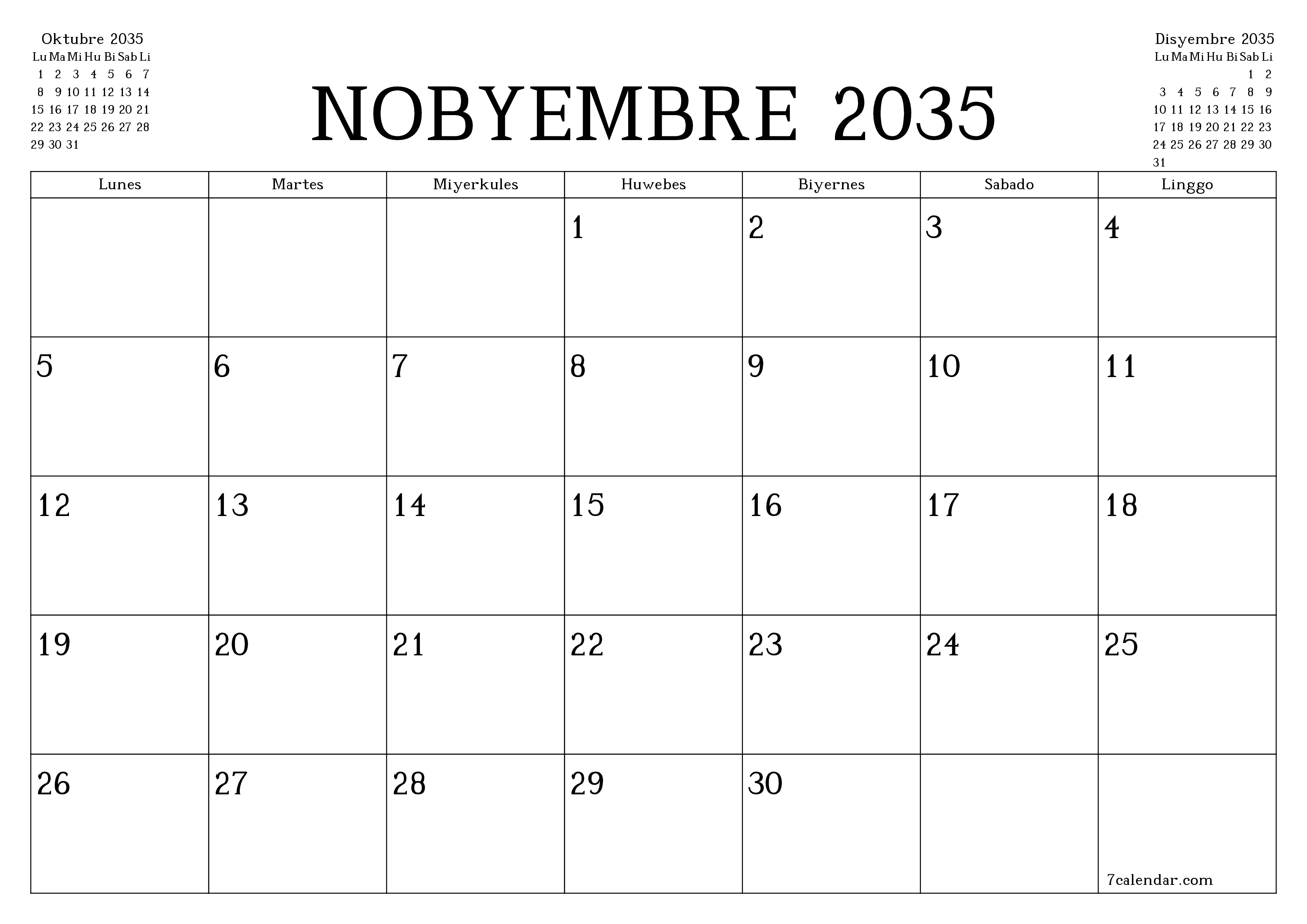 Walang laman na buwanang tagaplano para sa buwan na Nobyembre 2035 na may mga tala, i-save at i-print sa PDF PNG Filipino