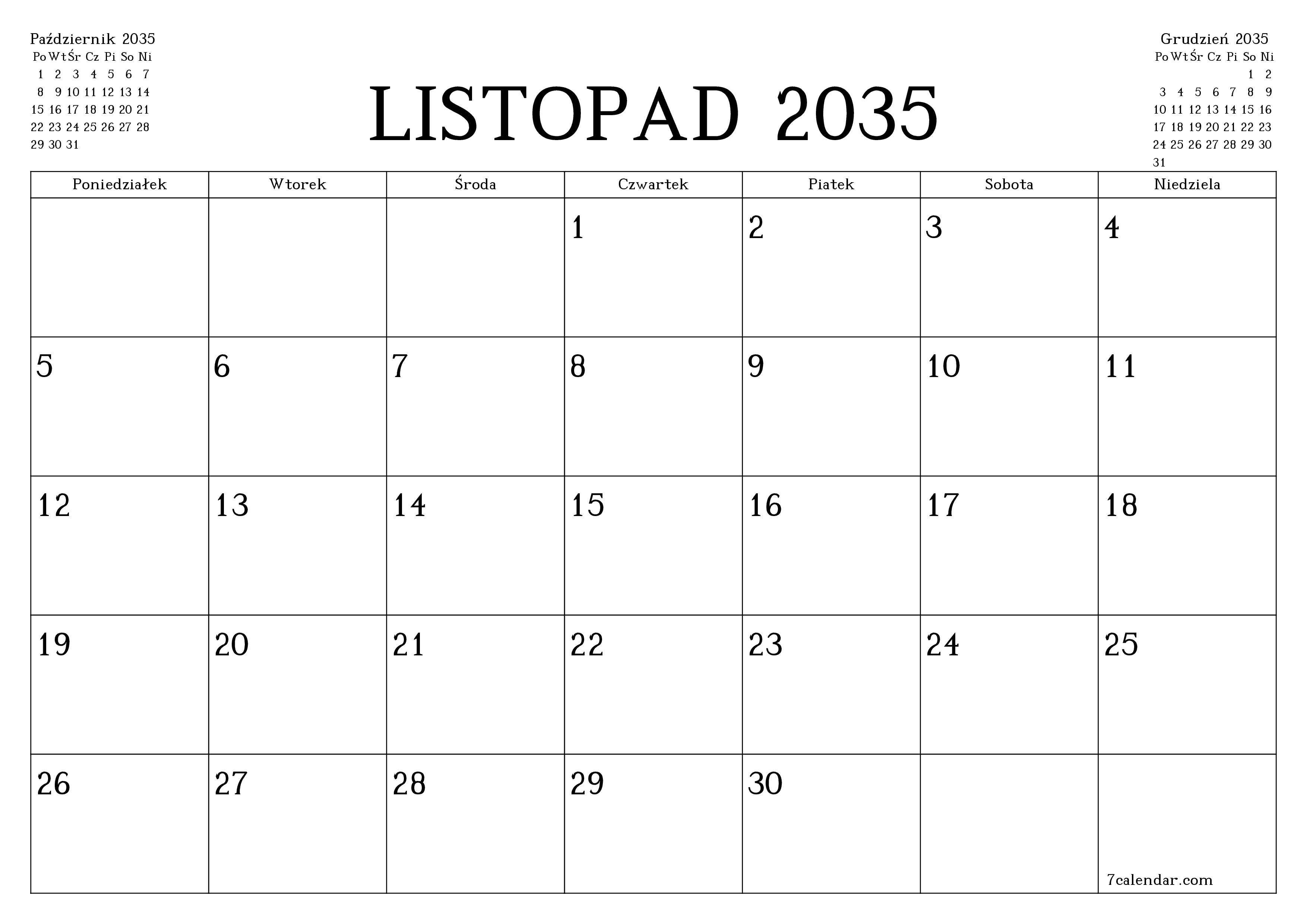 Opróżnij miesięczny planer na miesiąc Listopad 2035 z notatkami, zapisz i wydrukuj w formacie PDF PNG Polish