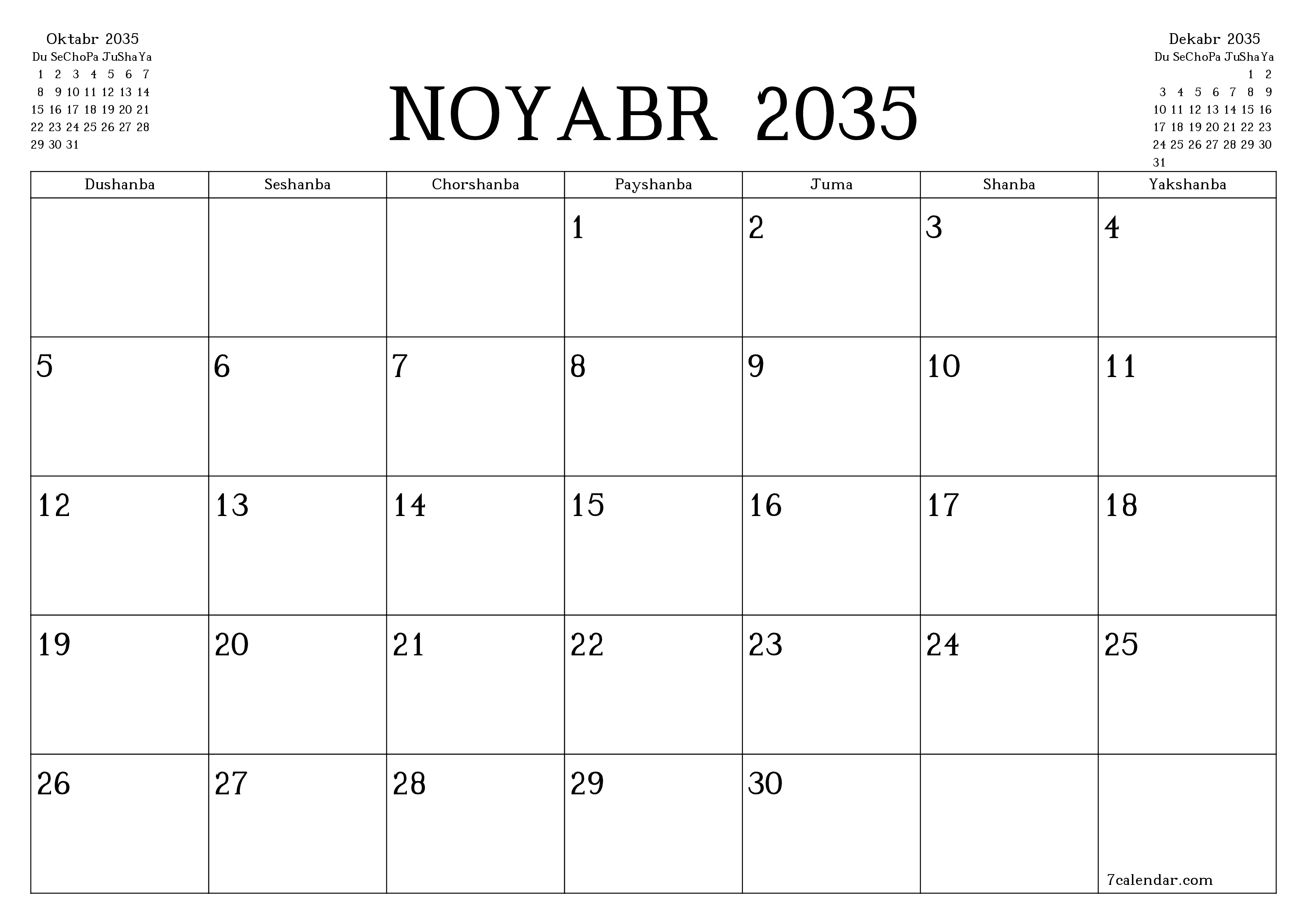 Noyabr 2035 oylik oylik rejalashtiruvchini yozuvlar bilan bo'shatish, saqlash va PDF-ga chop etish PNG Uzbek