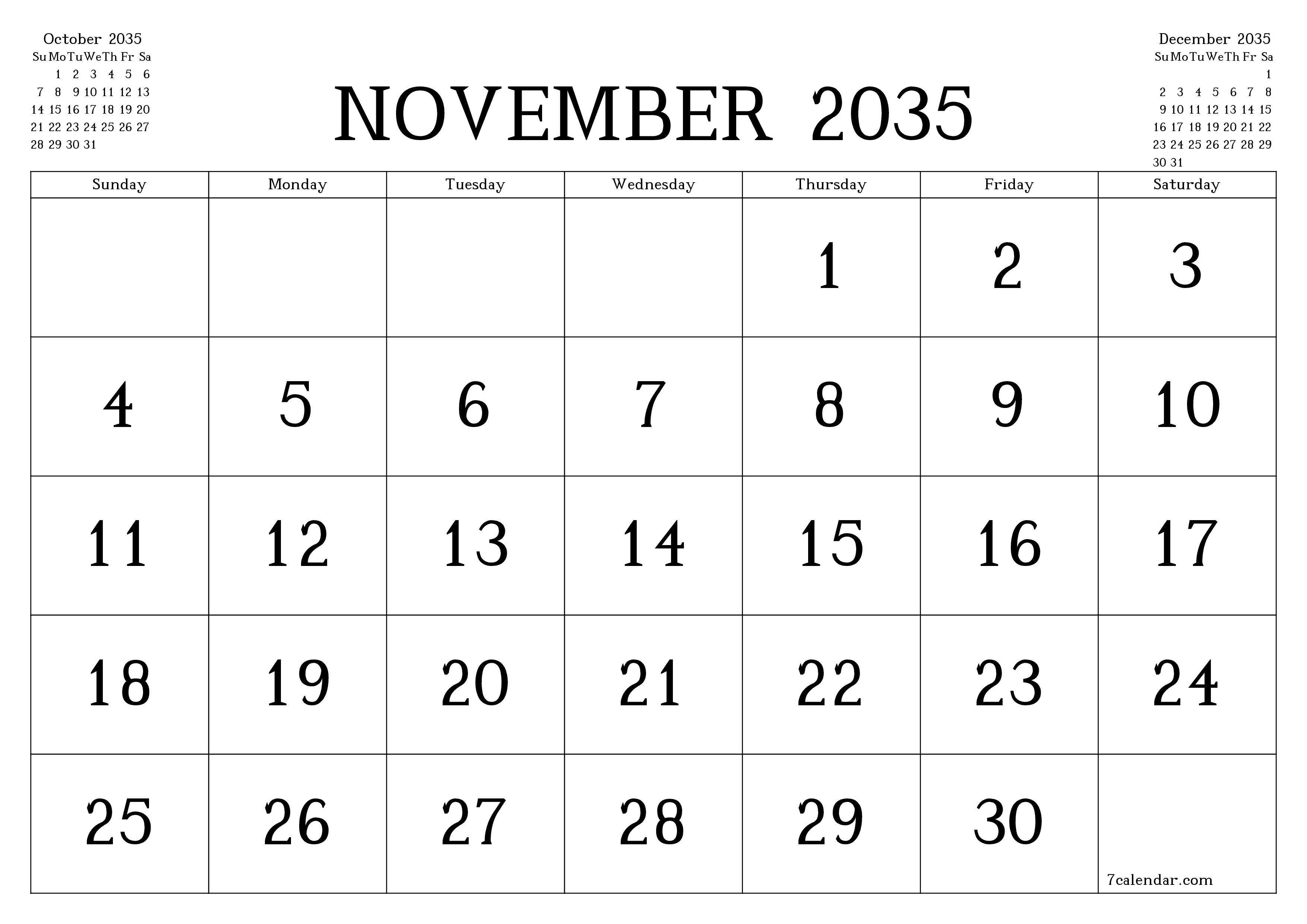 Blank calendar November 2035