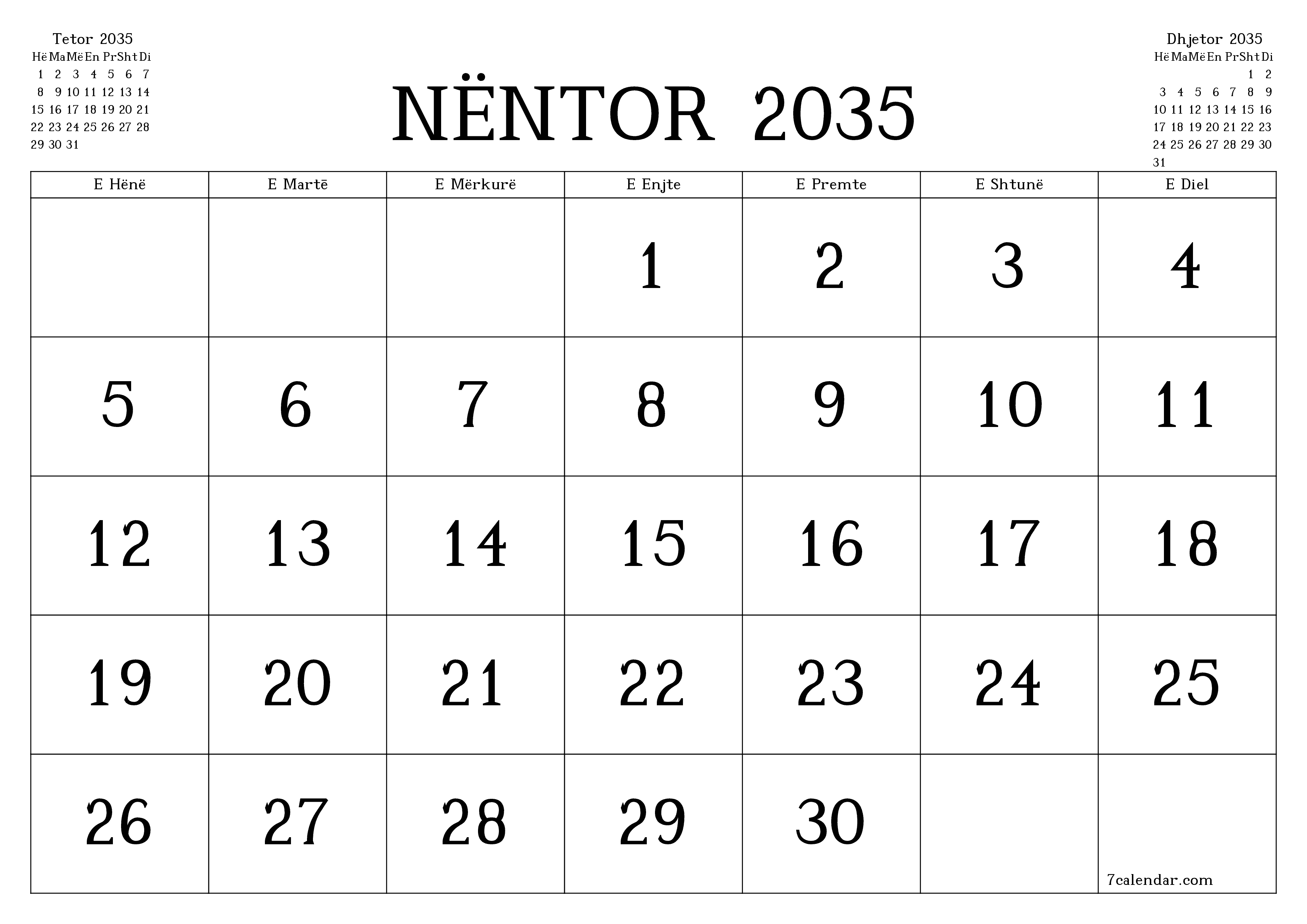 Planifikuesi i zbrazët i kalendarit mujor për muajin Nëntor 2035 me shënime të ruajtura dhe të printuara në PDF PNG Albanian