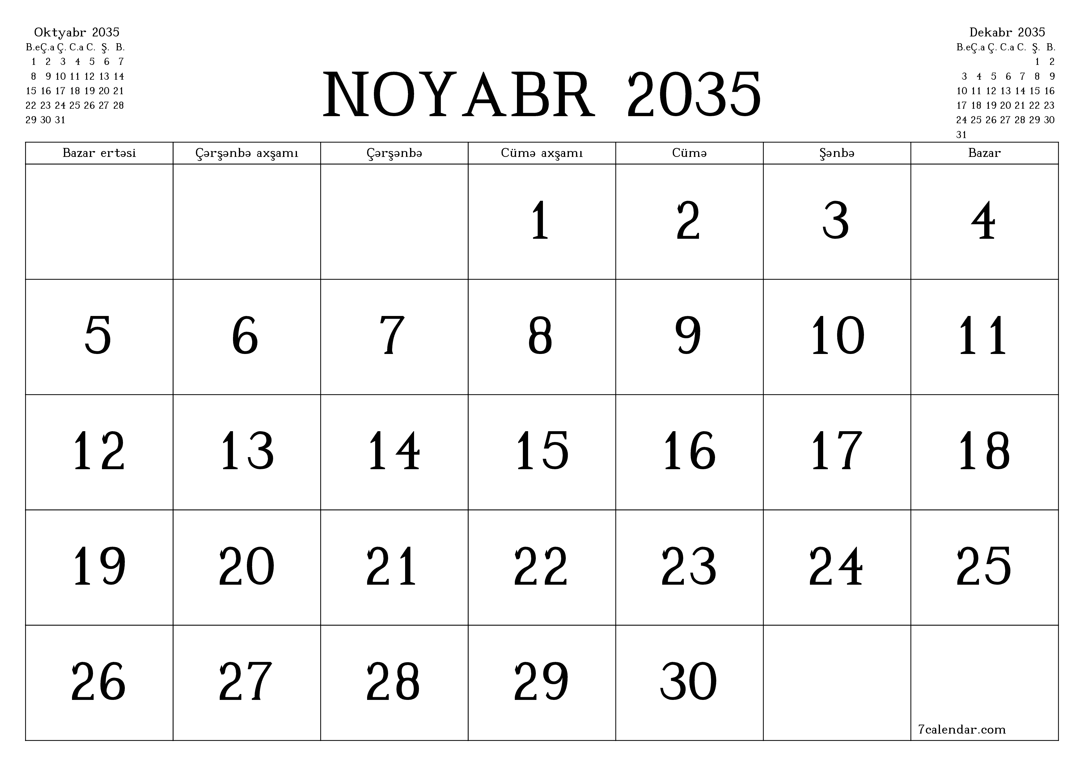 Noyabr 2035 ayı üçün qeydlər ilə boş aylıq planlayıcı, qeyd edin və PDF-ə yazdırın PNG Azerbaijani