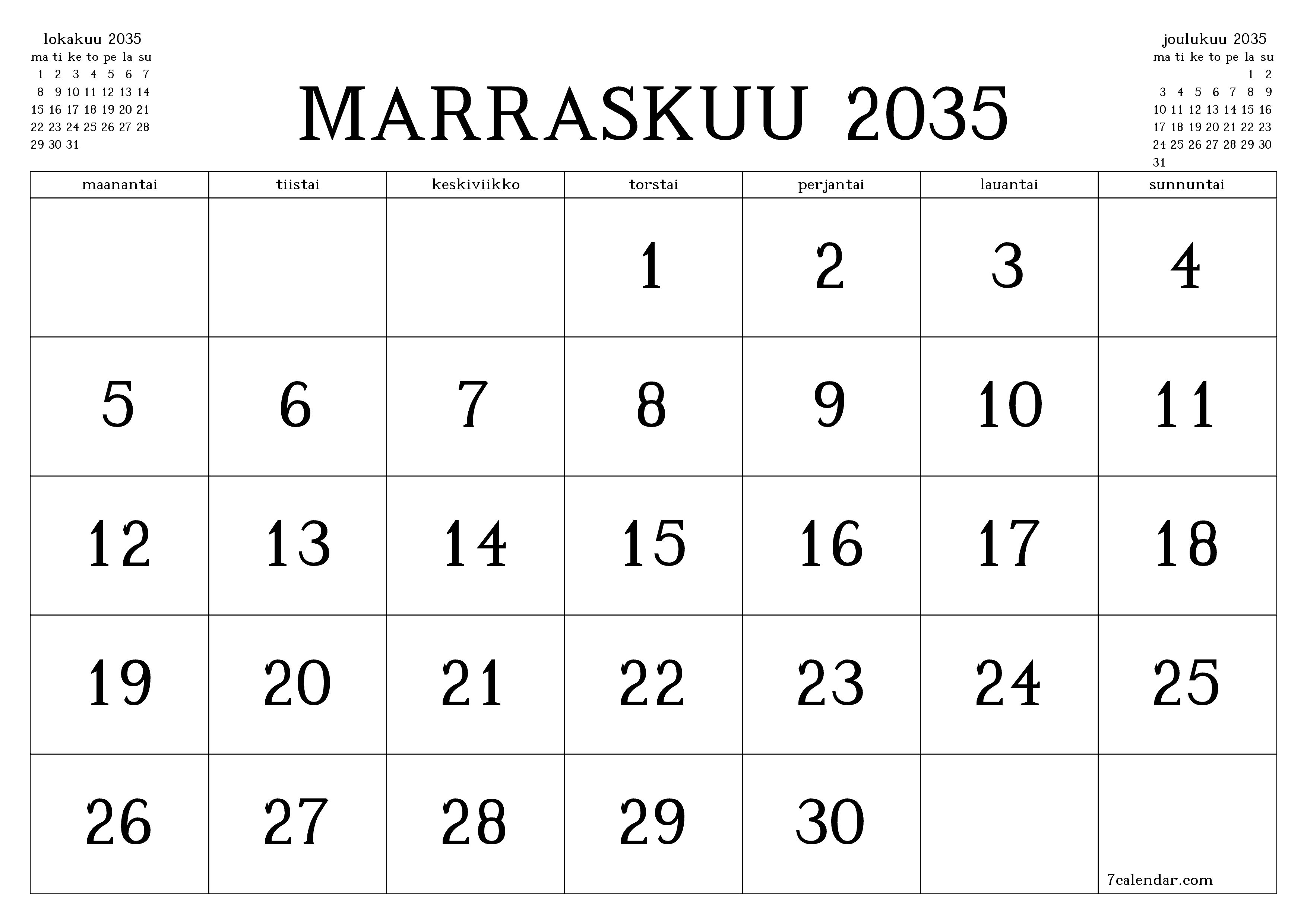 Tyhjennä kuukausittainen suunnittelija kuukaudelle Marraskuu 2035 muistiinpanoilla, tallenna ja tulosta PDF-muotoon PNG Finnish