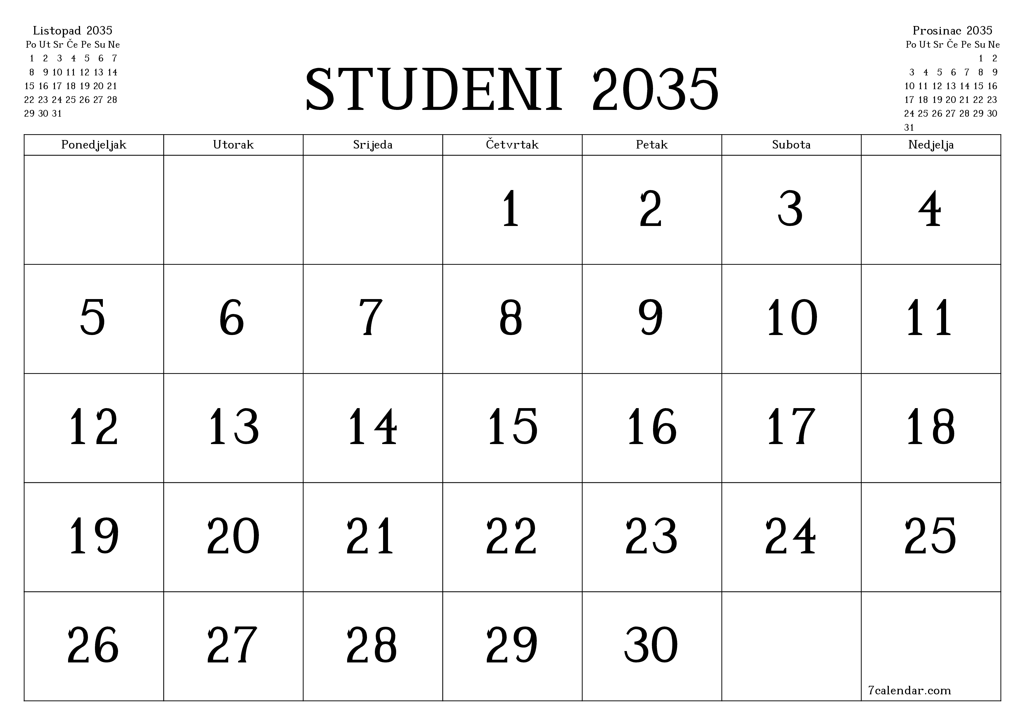 Ispraznite mjesečni planer za mjesec Studeni 2035 s bilješkama, spremite i ispišite u PDF PNG Croatian