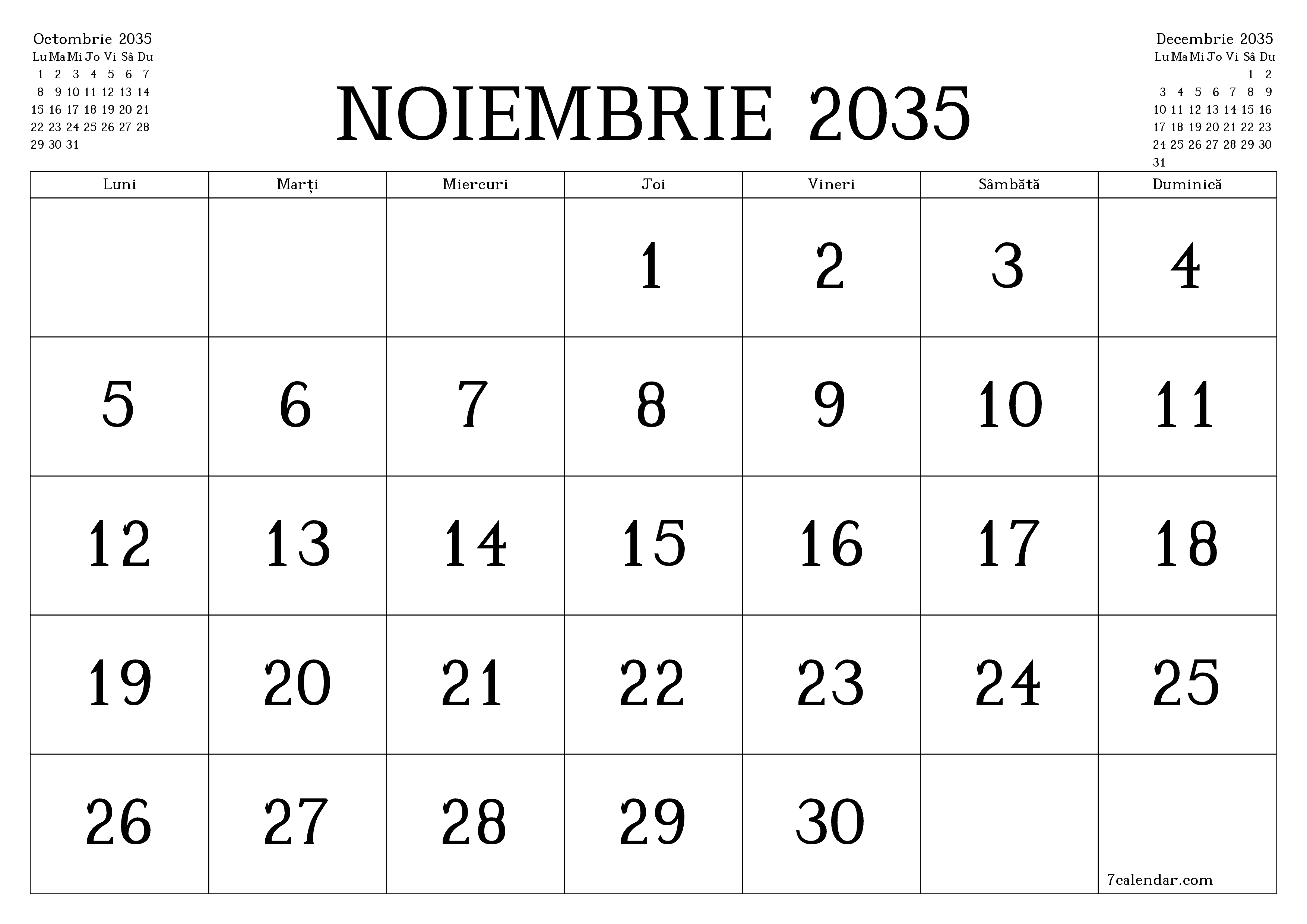 Planificator lunar gol pentru luna Noiembrie 2035 cu note, salvați și tipăriți în PDF PNG Romanian
