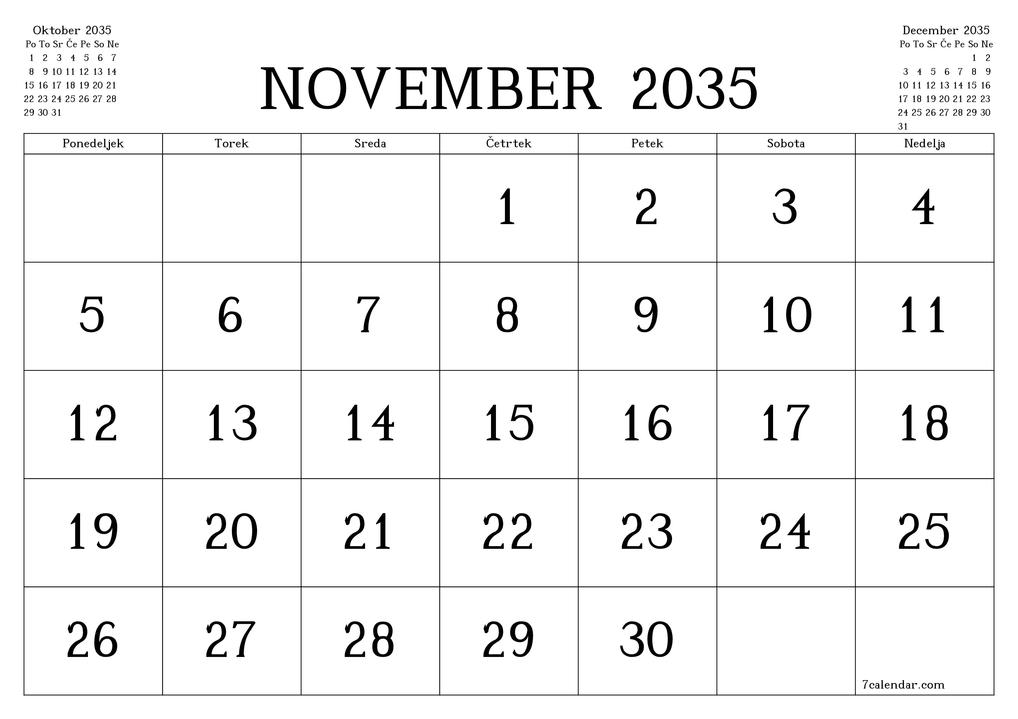 Prazen mesečni načrtovalec koledarja za mesec November 2035 z opombami, natisnjenimi v PDF PNG Slovenian