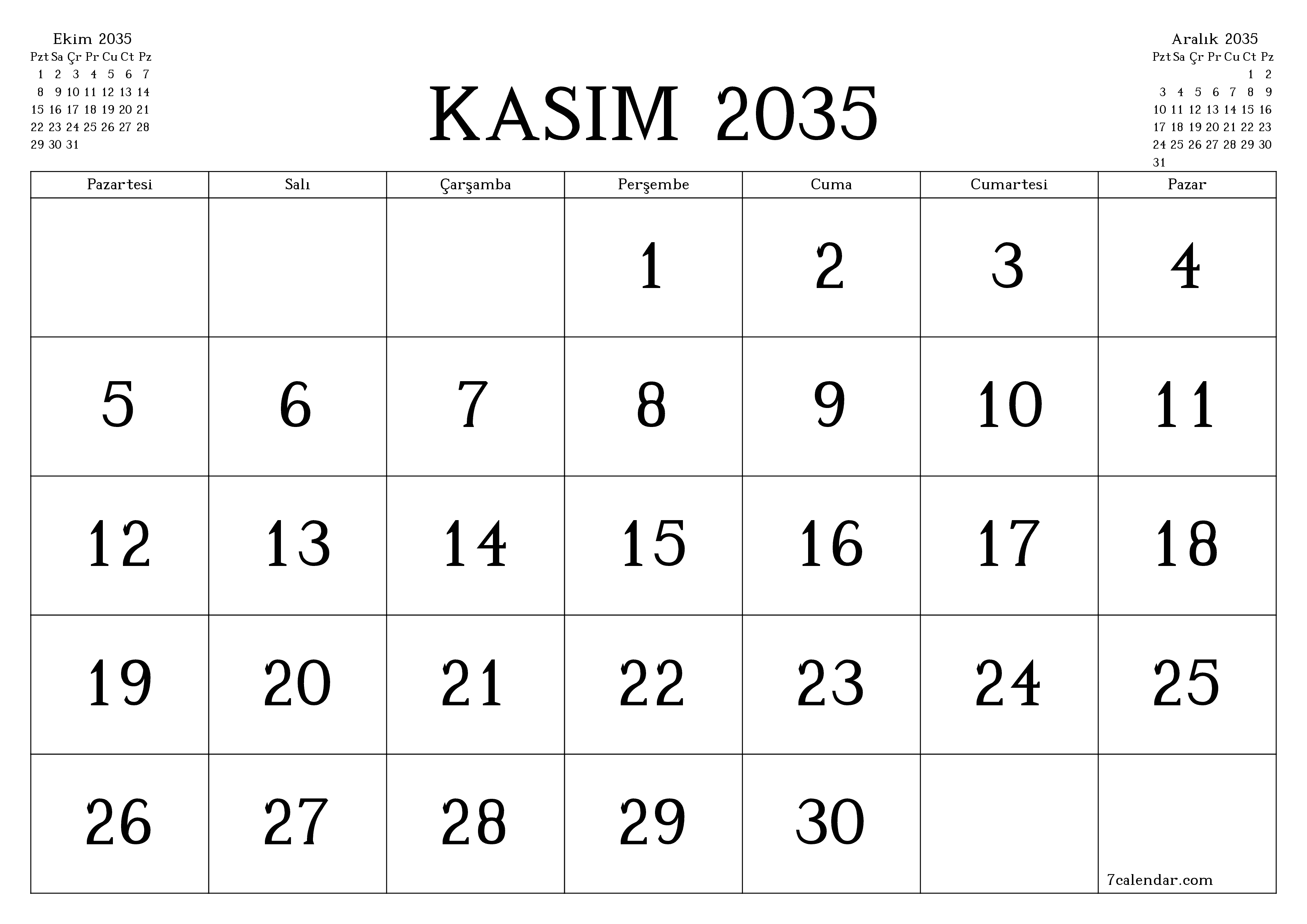 Kasım 2035 ayı için notlarla birlikte boş aylık planlayıcı, kaydedin ve PDF'ye yazdırın PNG Turkish