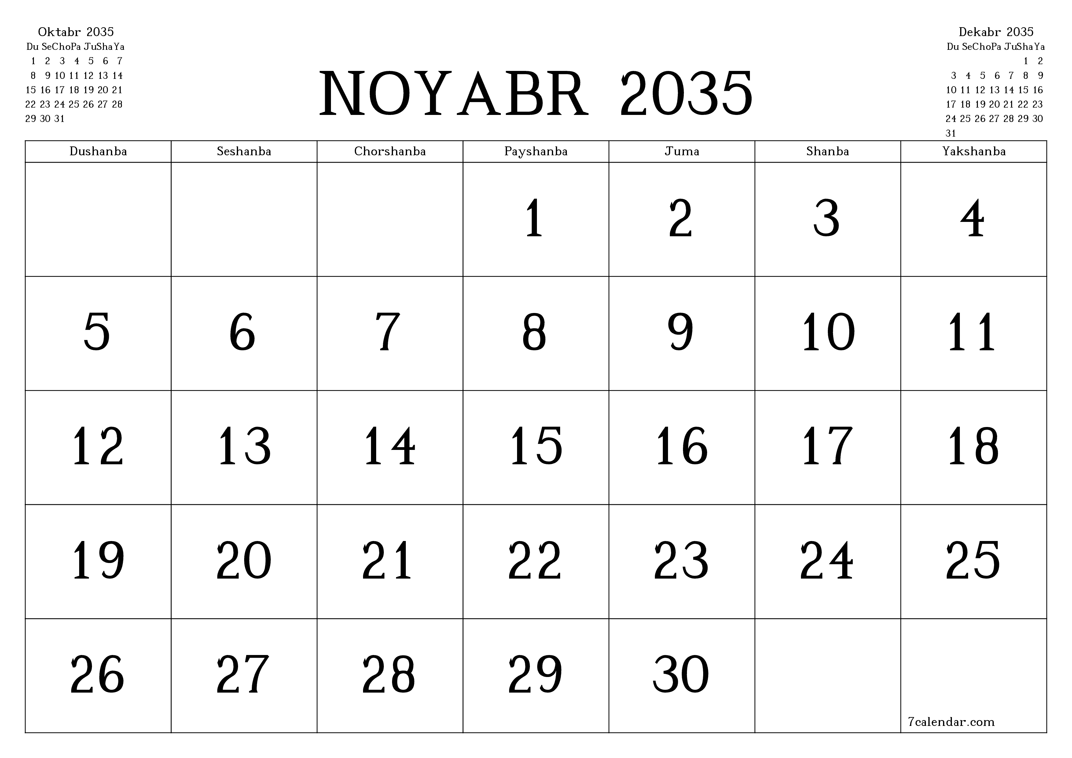 Noyabr 2035 oylik oylik rejalashtiruvchini yozuvlar bilan bo'shatish, saqlash va PDF-ga chop etish PNG Uzbek