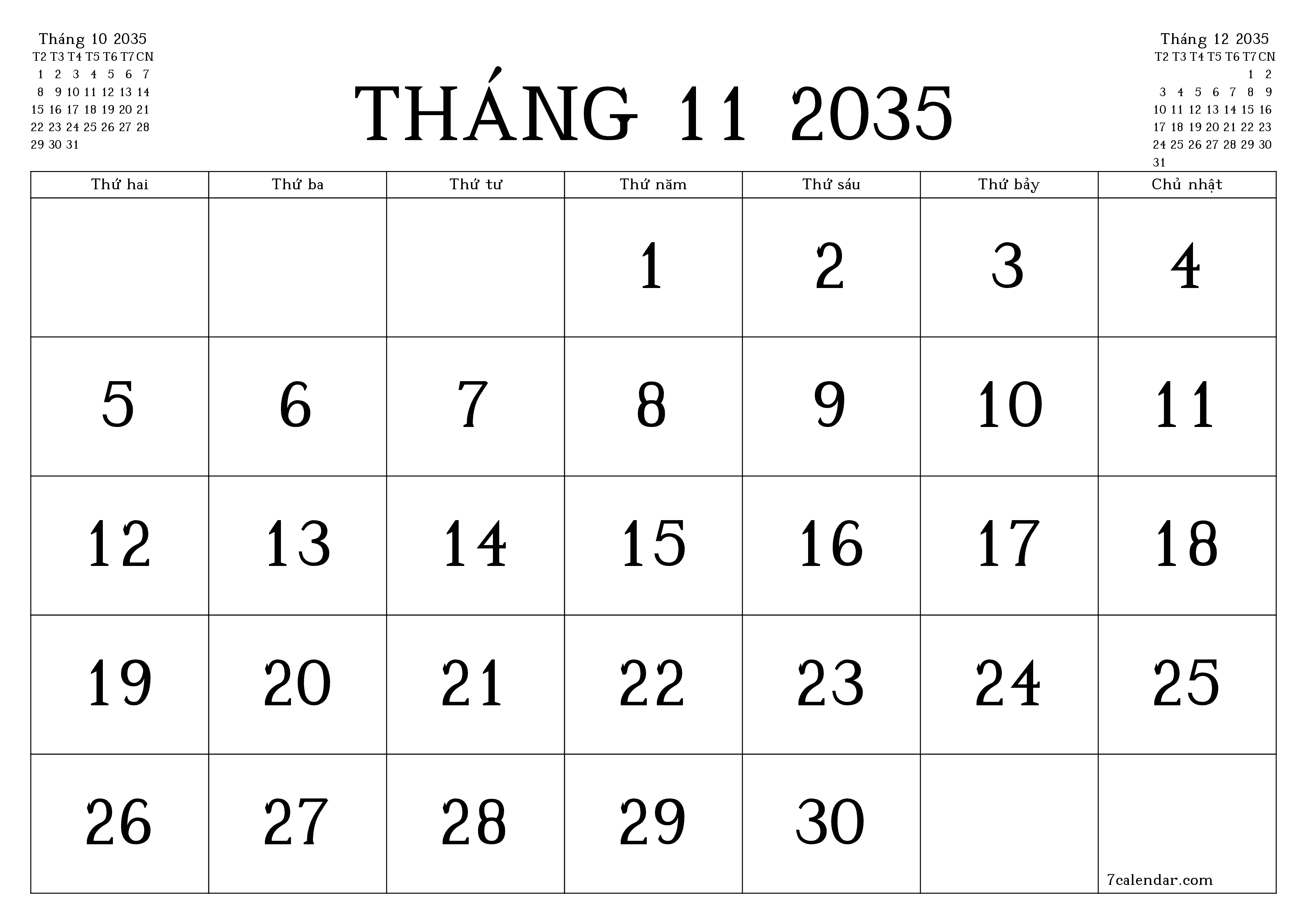 Công cụ lập kế hoạch hàng tháng trống cho tháng Tháng 11 2035 có ghi chú, lưu và in sang PDF PNG Vietnamese