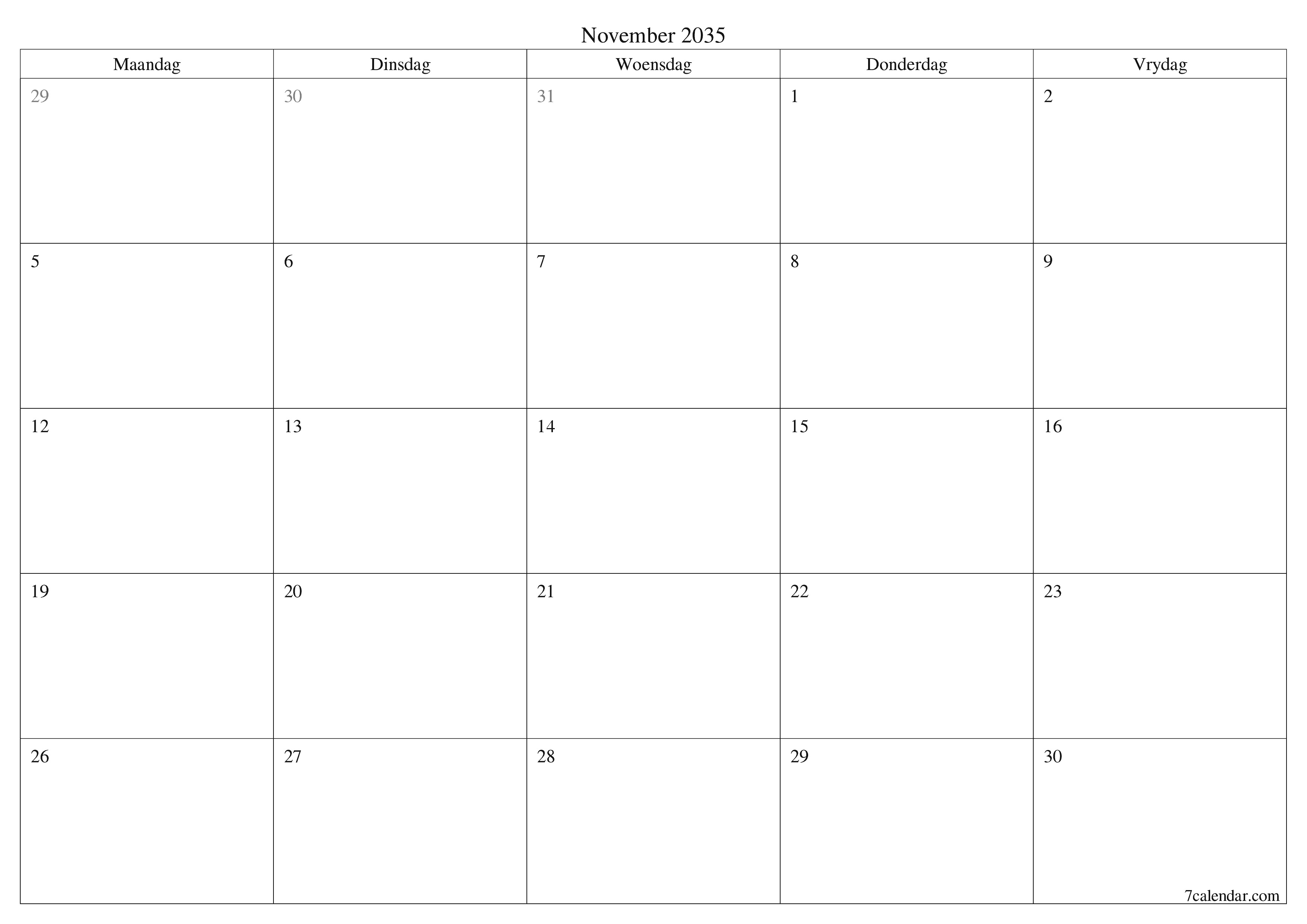 Leë maandelikse drukbare kalender en beplanner vir maand November 2035 met notas stoor en druk na PDF PNG Afrikaans