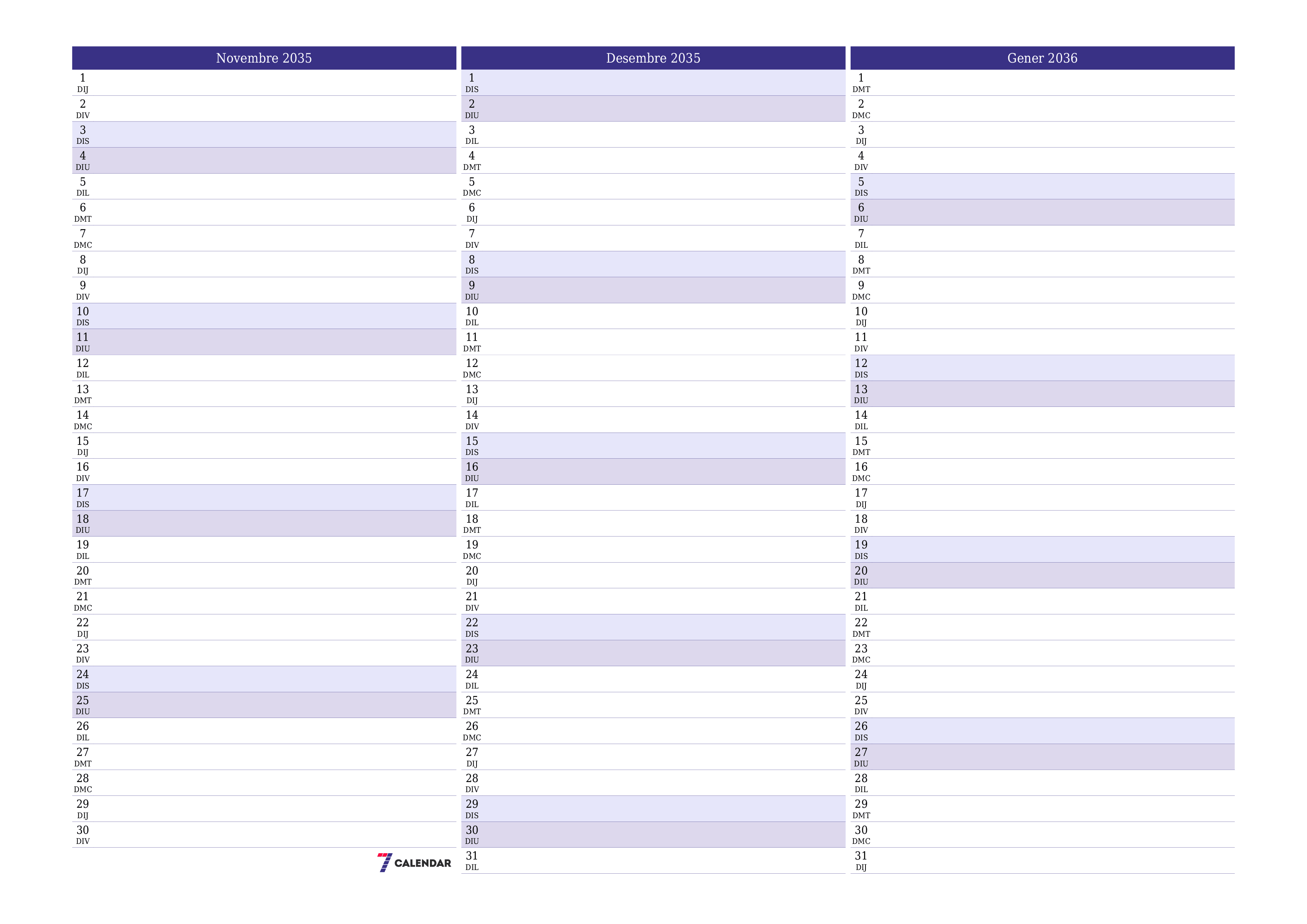 Planificador mensual buit del mes Novembre 2035 amb notes, deseu-lo i imprimiu-lo en format PDF PNG Catalan