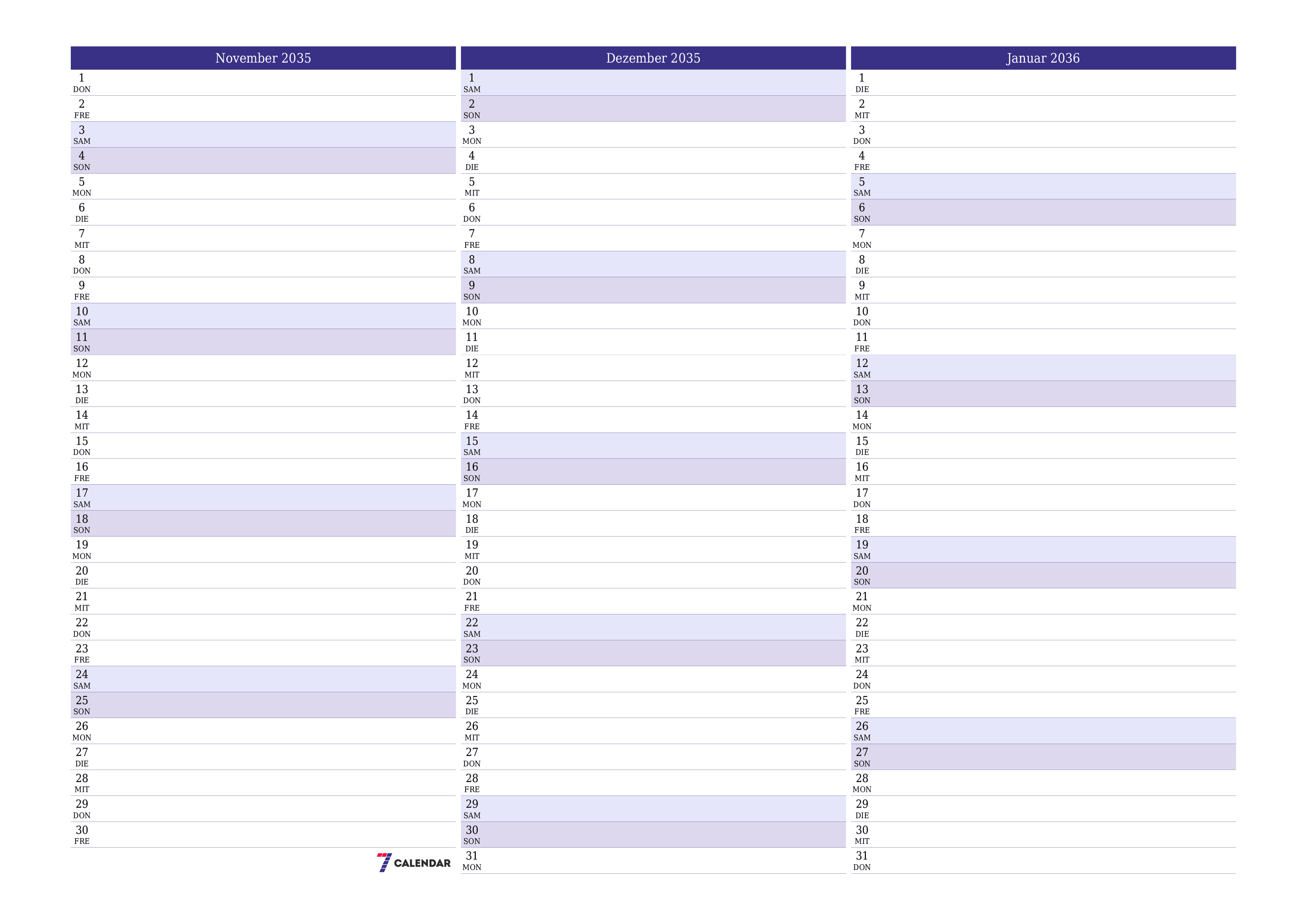 Monatsplaner für Monat November 2035 mit Notizen leeren, speichern und als PDF PNG German - 7calendar.com drucken