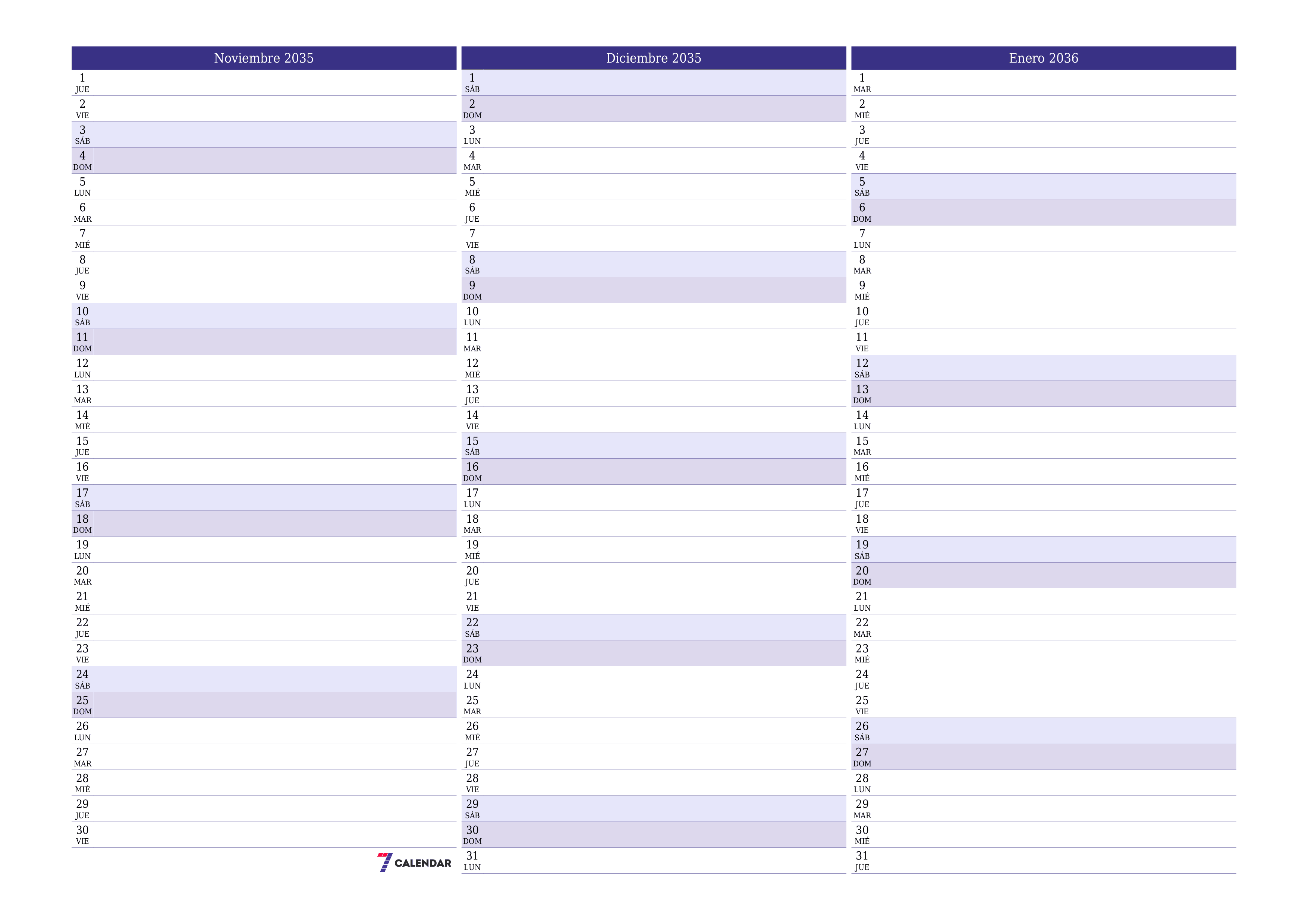 Planificador mensual vacío para el mes Noviembre 2035 con notas, guardar e imprimir en PDF PNG Spanish