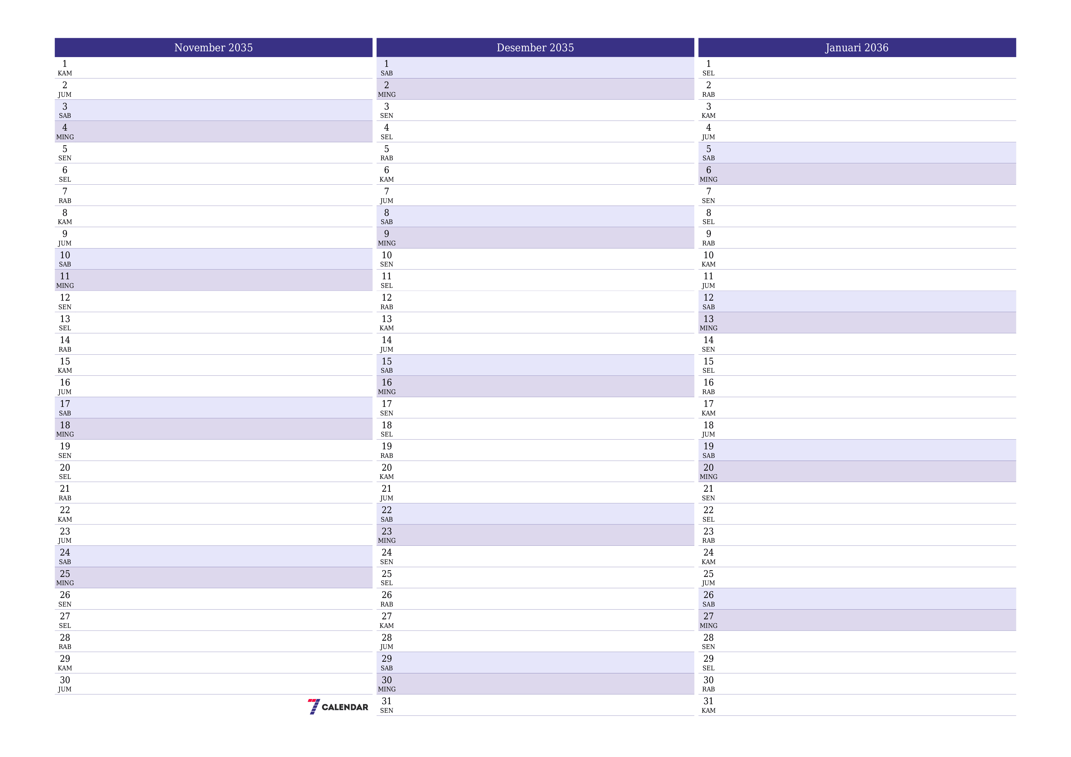 Kosongkan agenda bulanan untuk bulan November 2035 dengan catatan, simpan dan cetak ke PDF PNG Indonesian