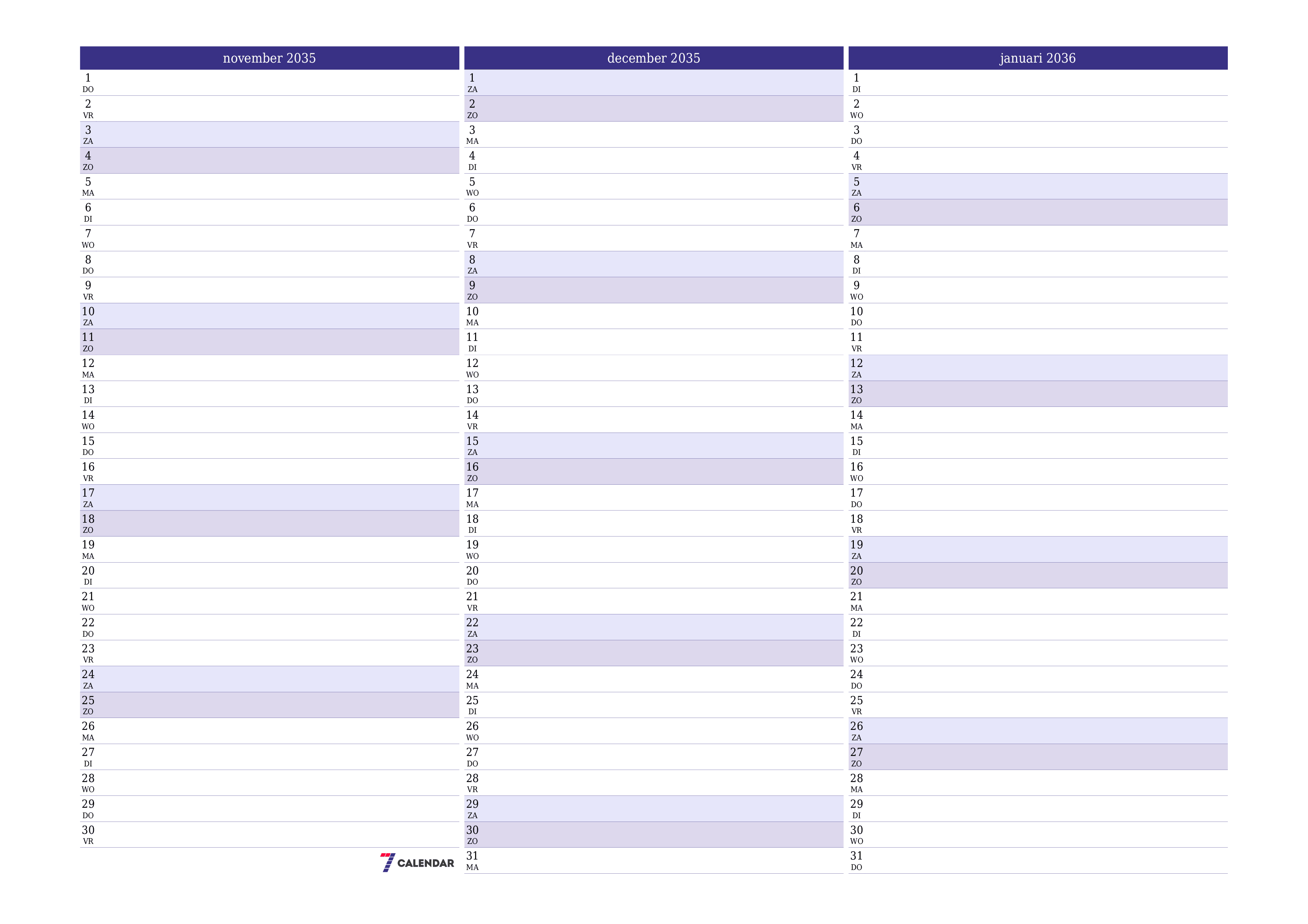 Lege maandplanner voor maand november 2035 met notities, opslaan en afdrukken naar pdf PNG Dutch