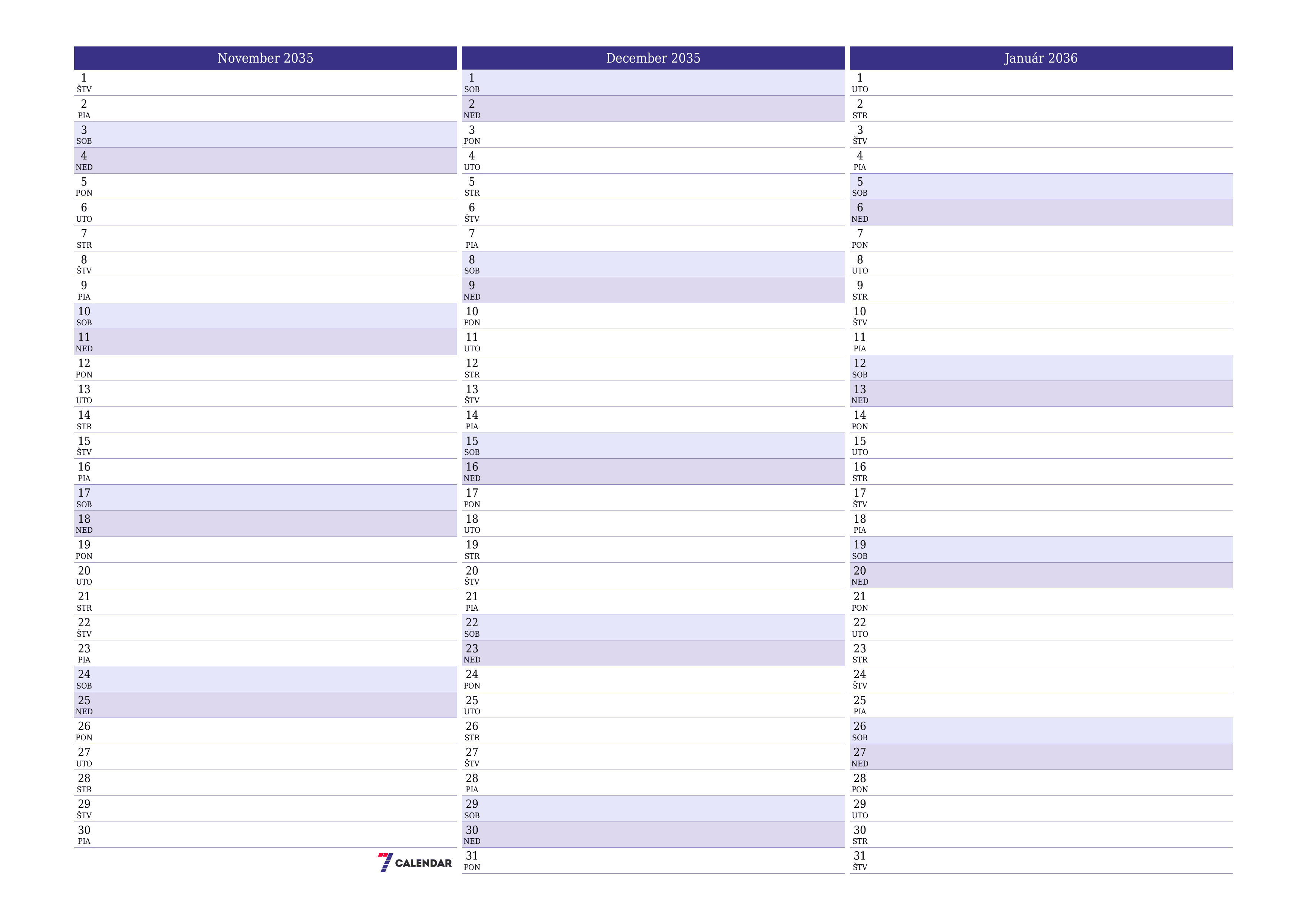 Prázdny mesačný plánovač na mesiac November 2035 s poznámkami, uloženie a tlač do PDF PNG Slovak
