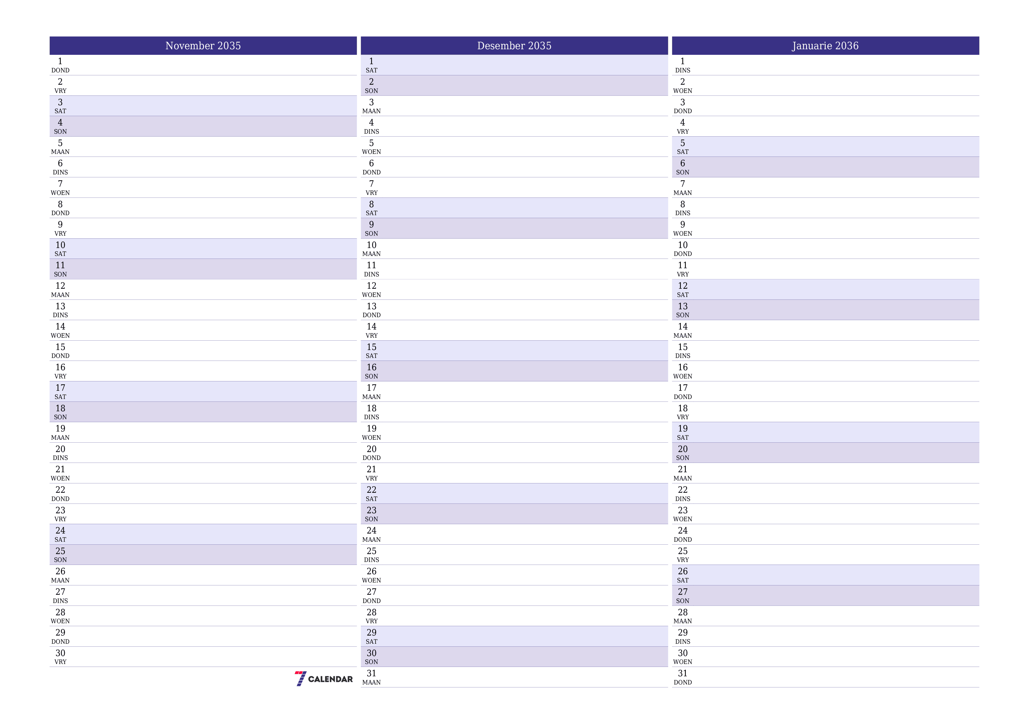 Leë maandelikse drukbare kalender en beplanner vir maand November 2035 met notas stoor en druk na PDF PNG Afrikaans
