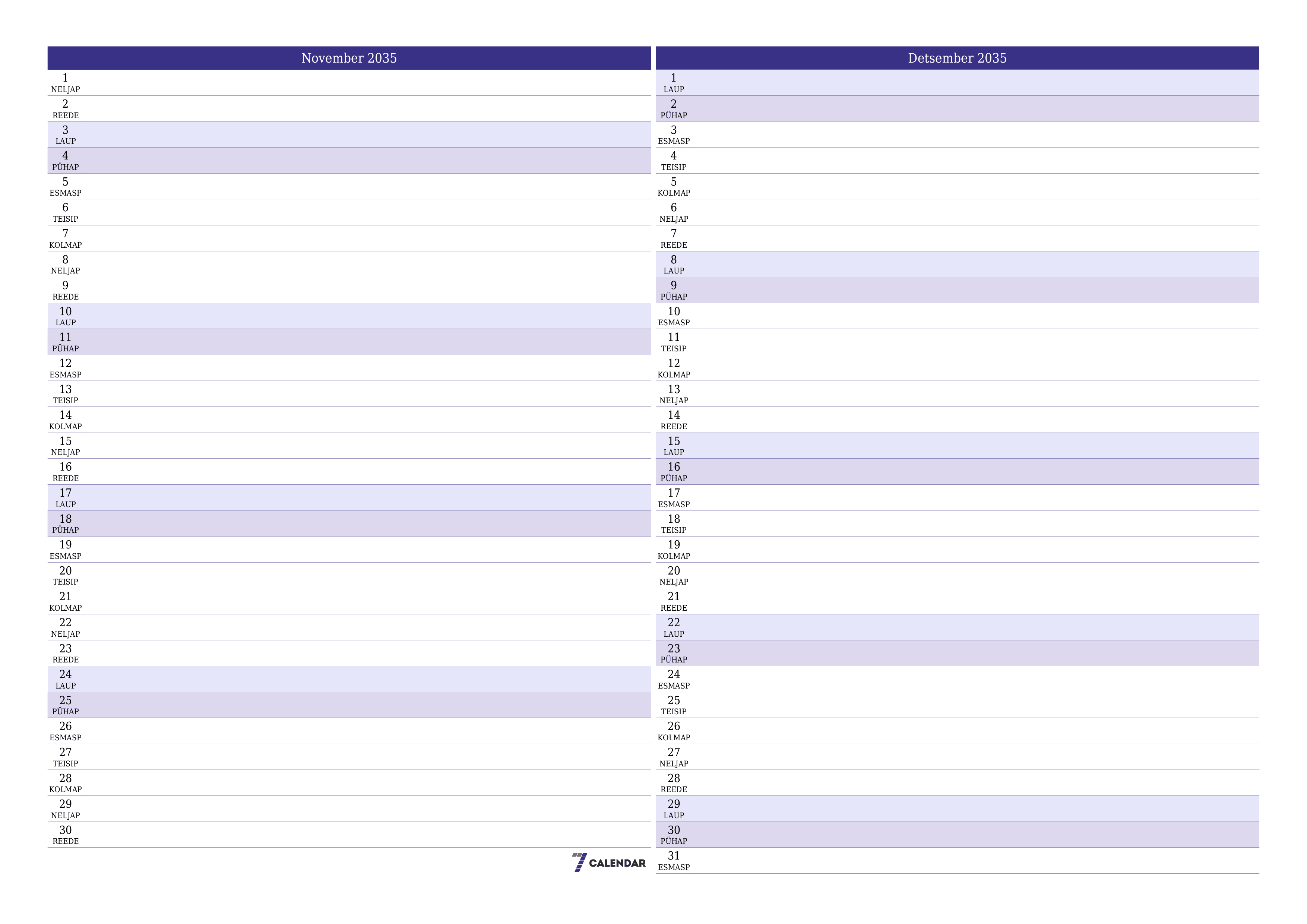 Tühjendage kuu November 2035 kuuplaneerija märkmetega, salvestage ja printige PDF-i PNG Estonian