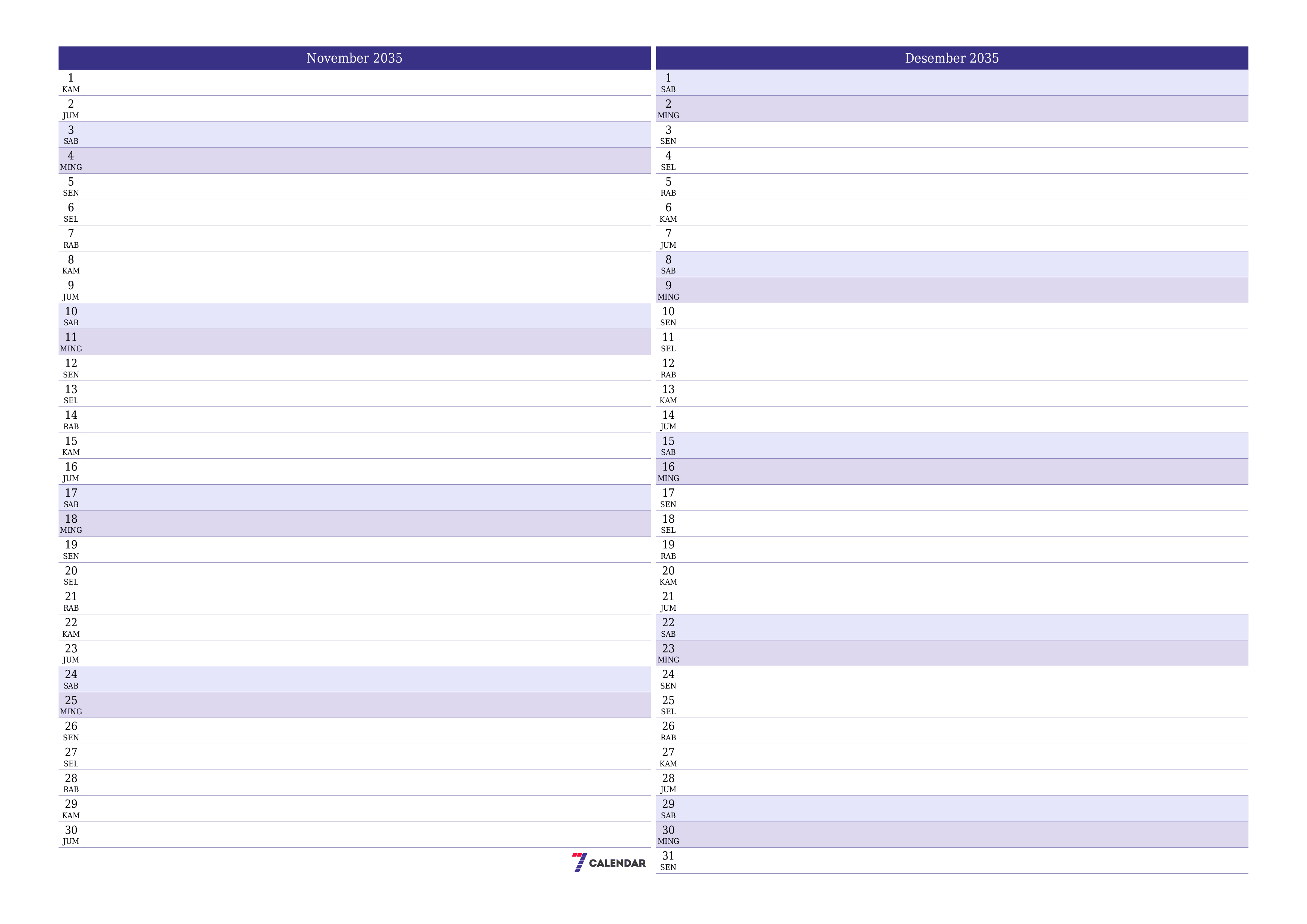 Kosongkan agenda bulanan untuk bulan November 2035 dengan catatan, simpan dan cetak ke PDF PNG Indonesian