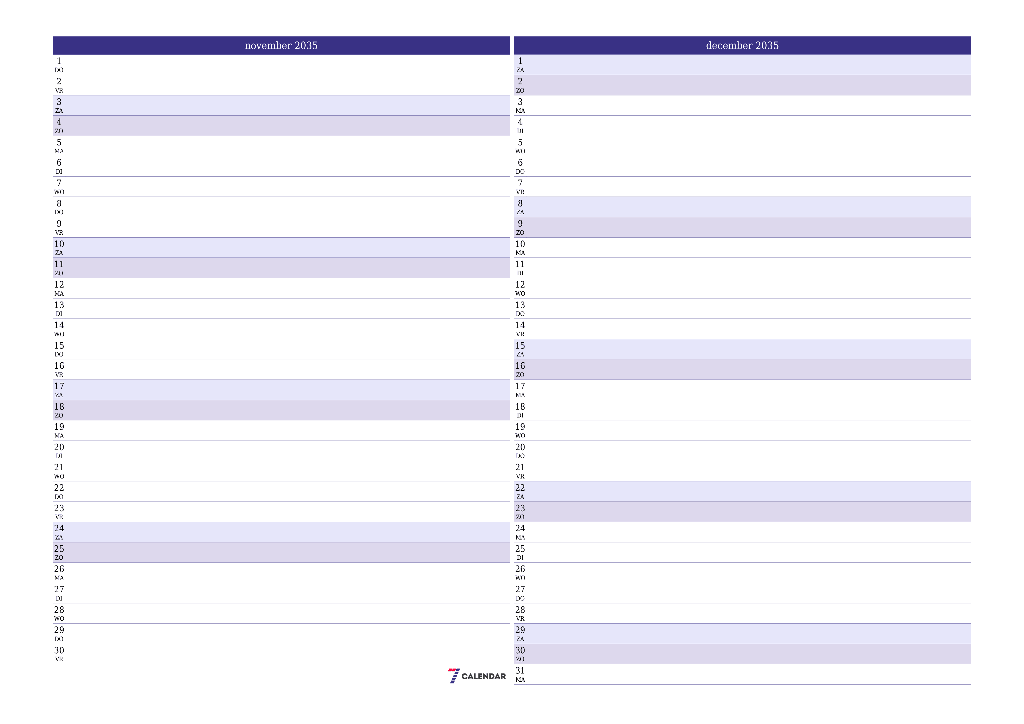 Lege maandplanner voor maand november 2035 met notities, opslaan en afdrukken naar pdf PNG Dutch
